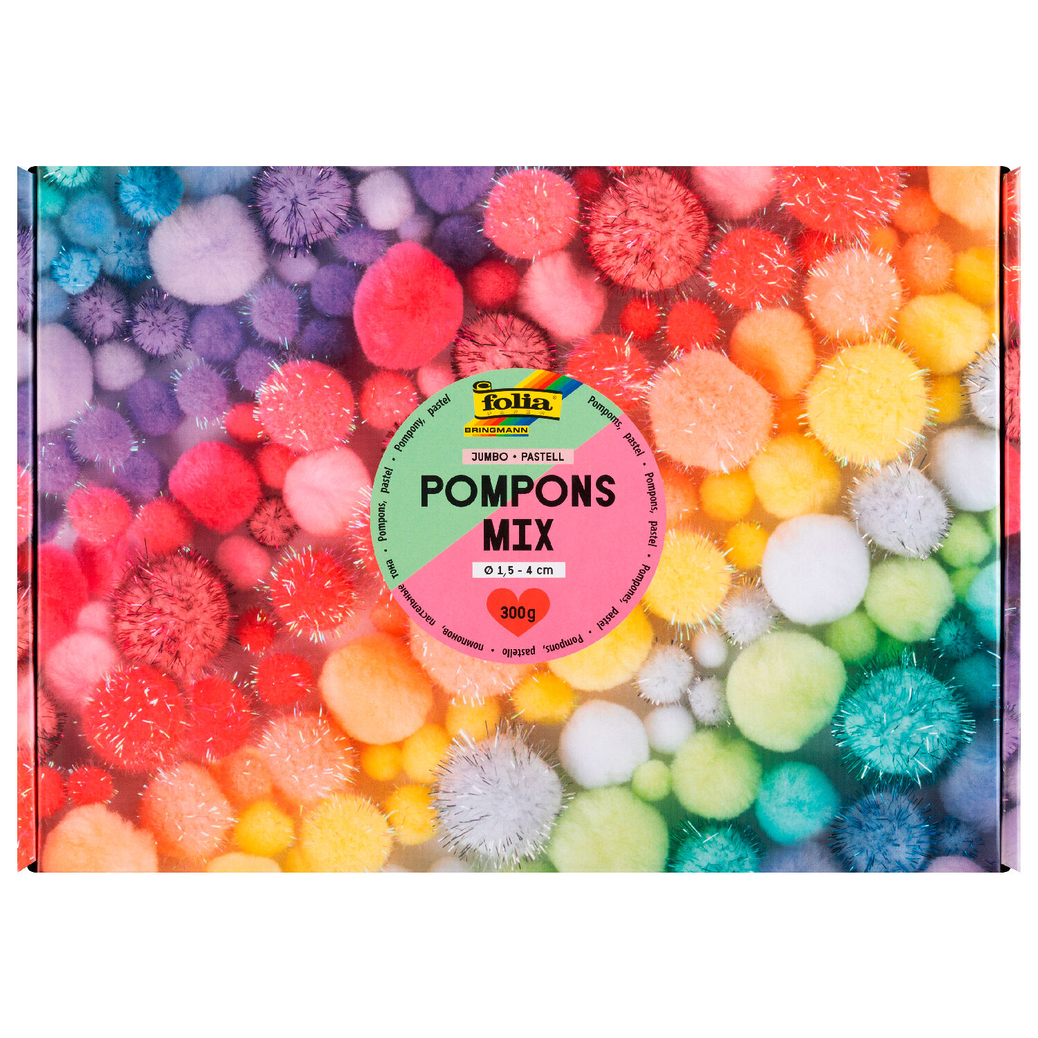 Pompons Mix Box Jumbo Pastell, 300g, ca. 900 Stck,  1,5-4cm, farbig sortiert