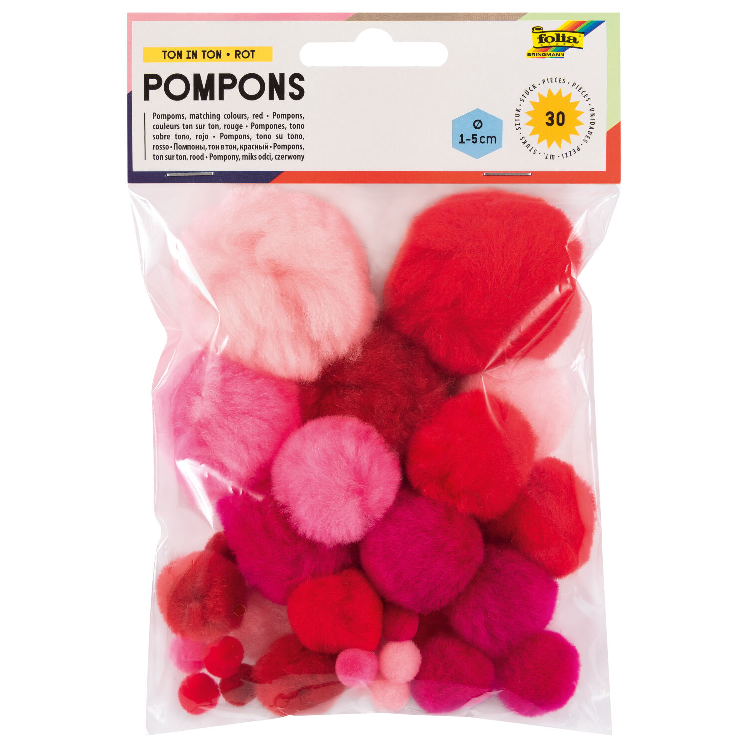 Pompons, 30 Stck., Ton in Ton Mix, Rot