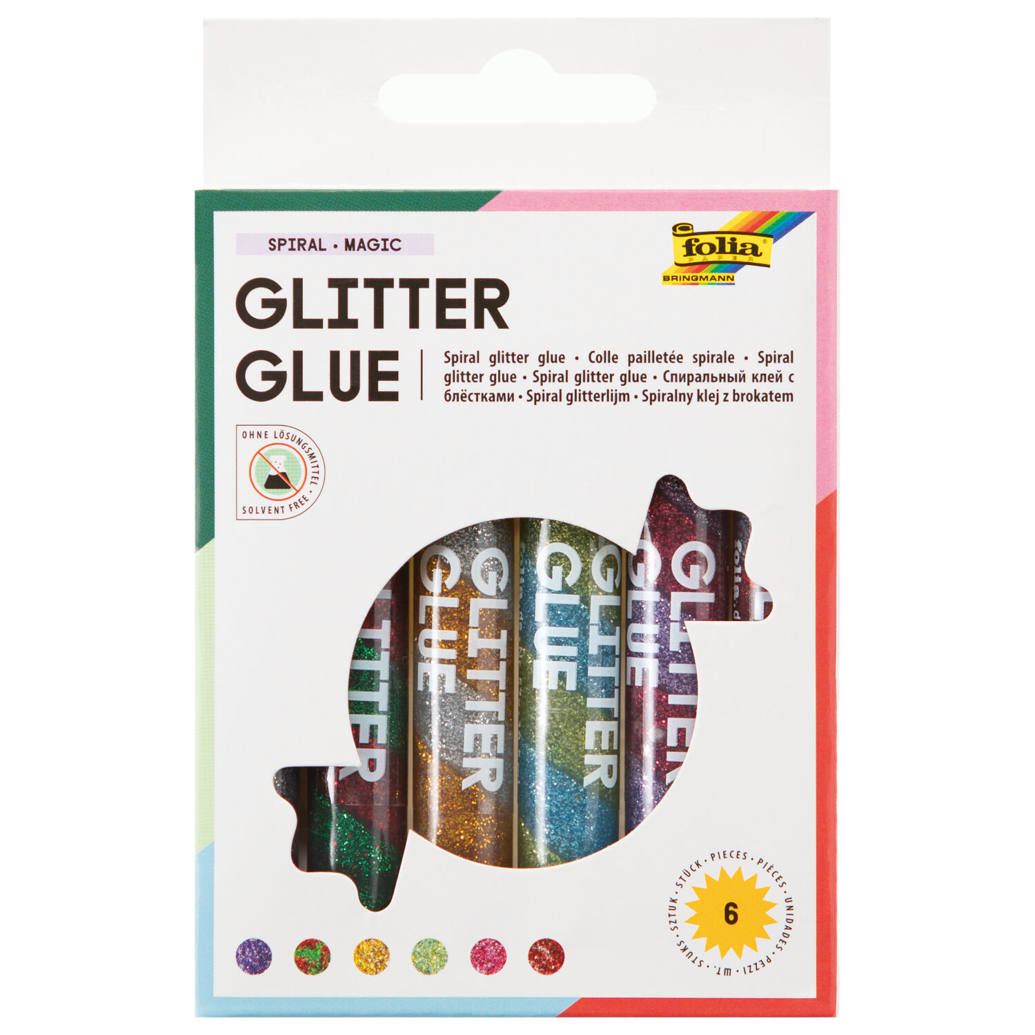 Spiral Glitter Glue Stifte, 6er Pack Klassik