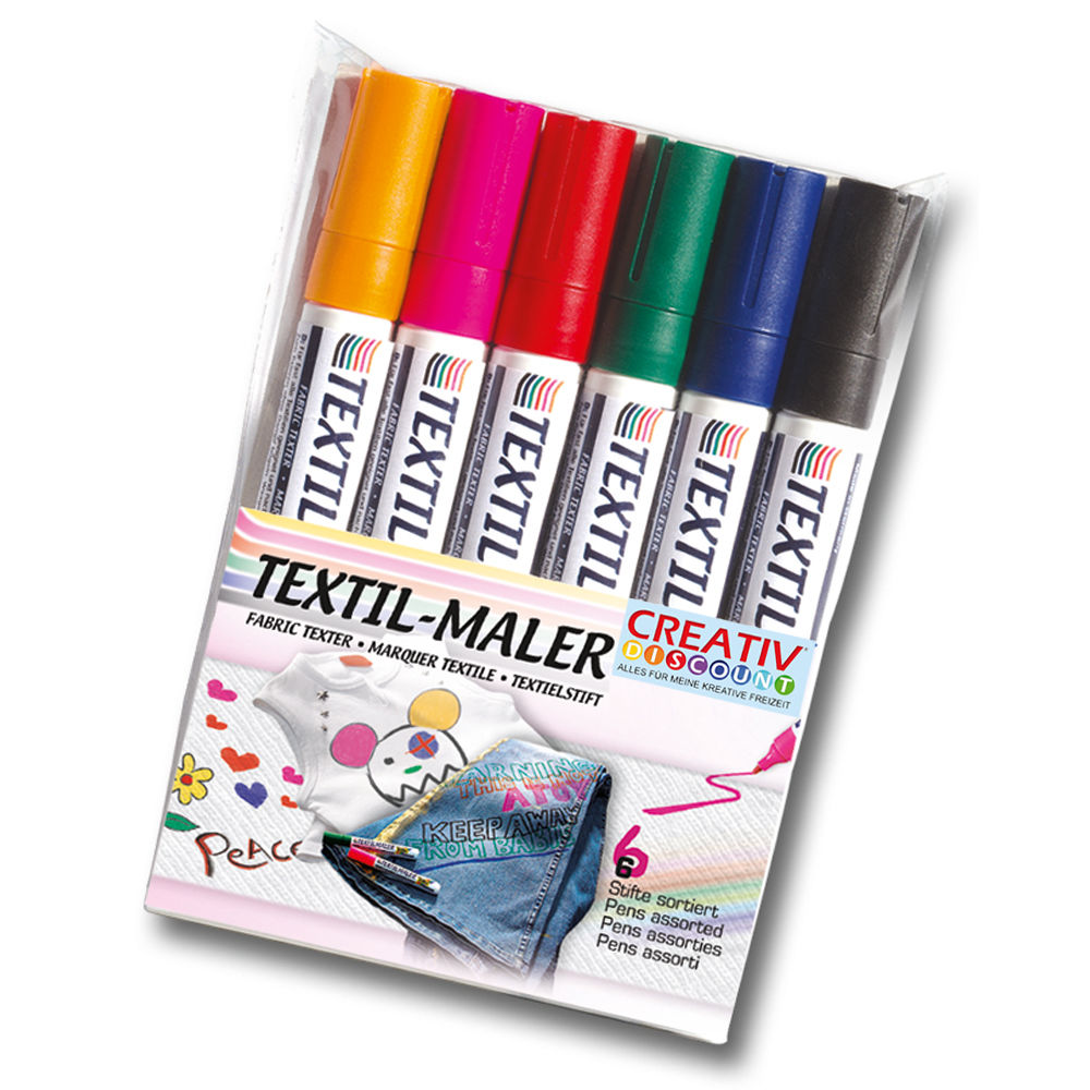 Textilmaler, 6 Farbstifte in 6 Farben, sortiert