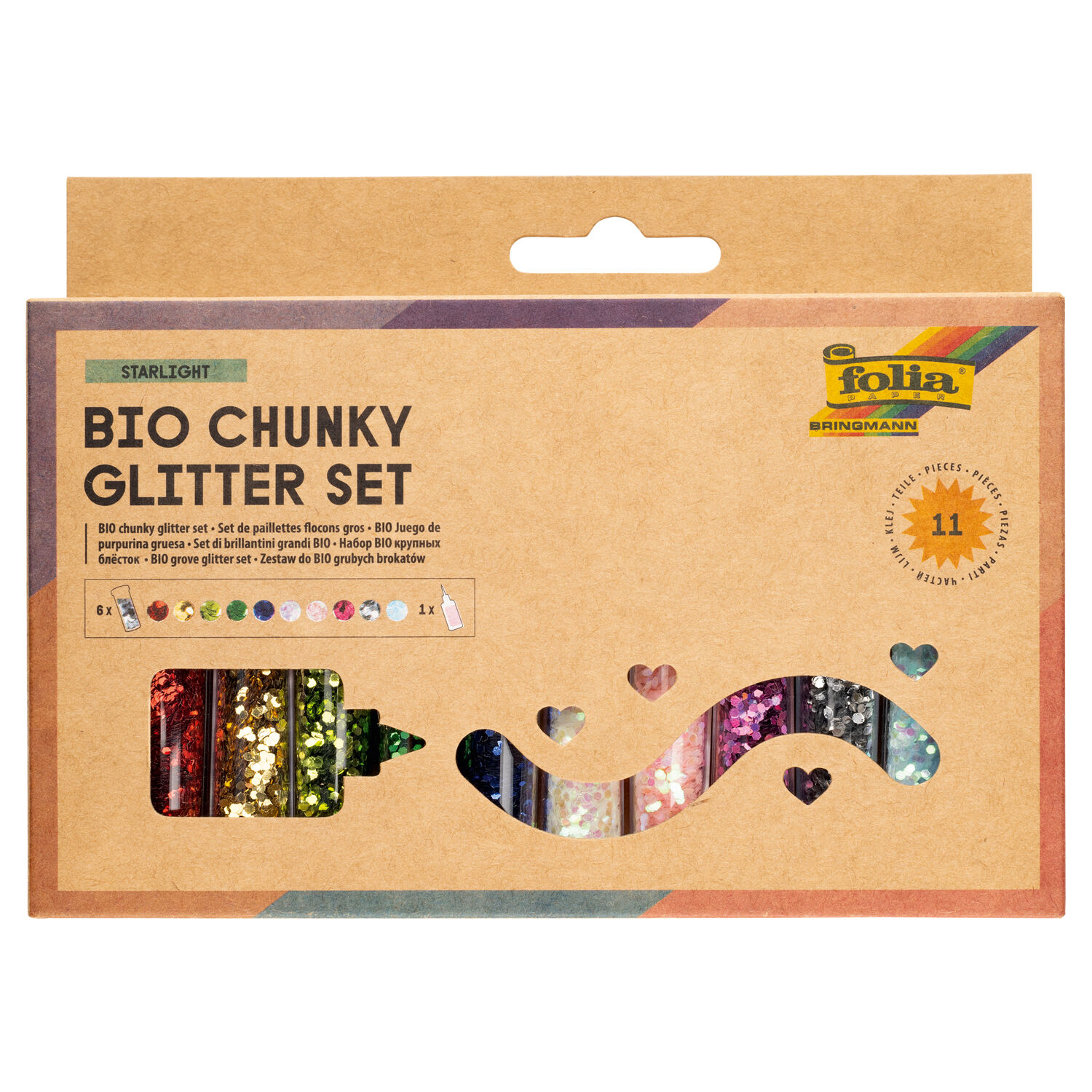 NEU Organic Bio Glitter-Flakes Set, 10 Farben sortiert & 1 Deko-Kleber 90g