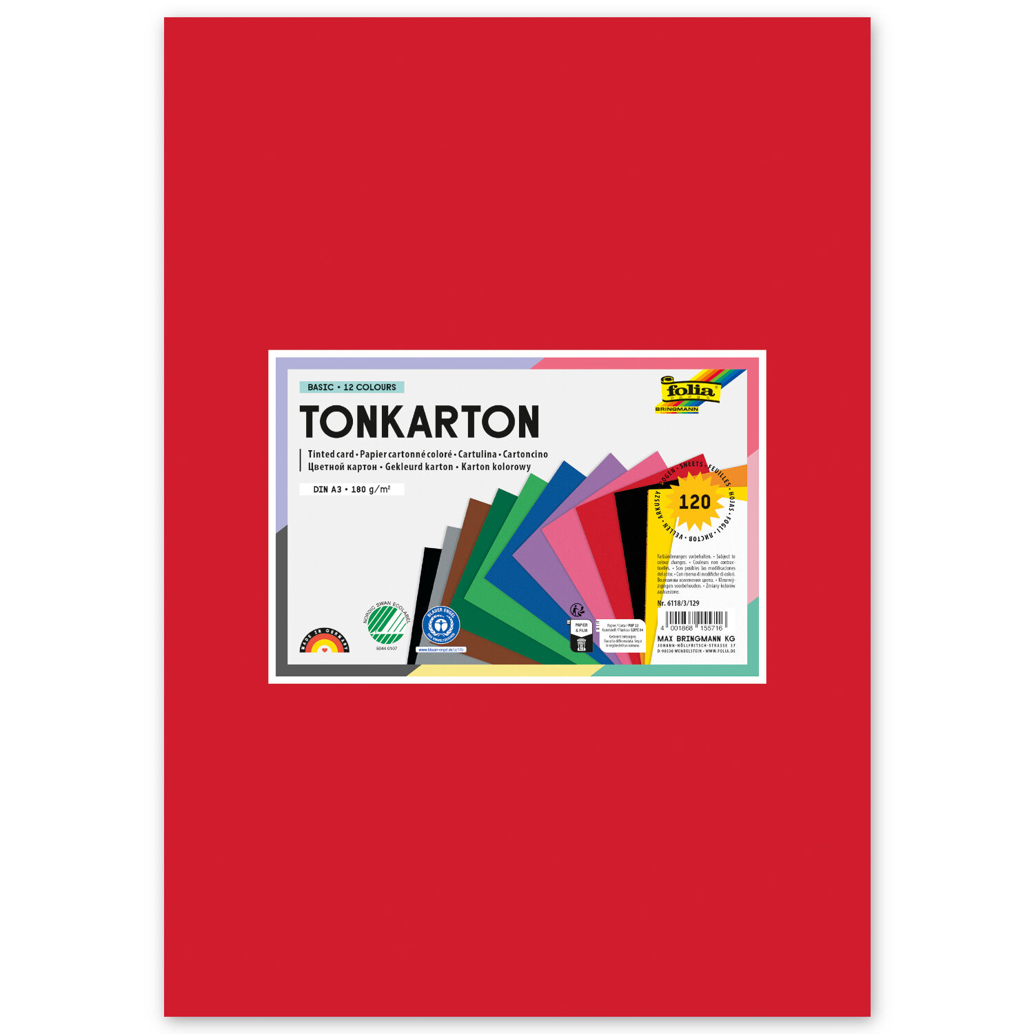 Color-Bastelkarton / Tonkarton 180g/m�, DIN A3, 120 Blatt, 12 Farben sortiert