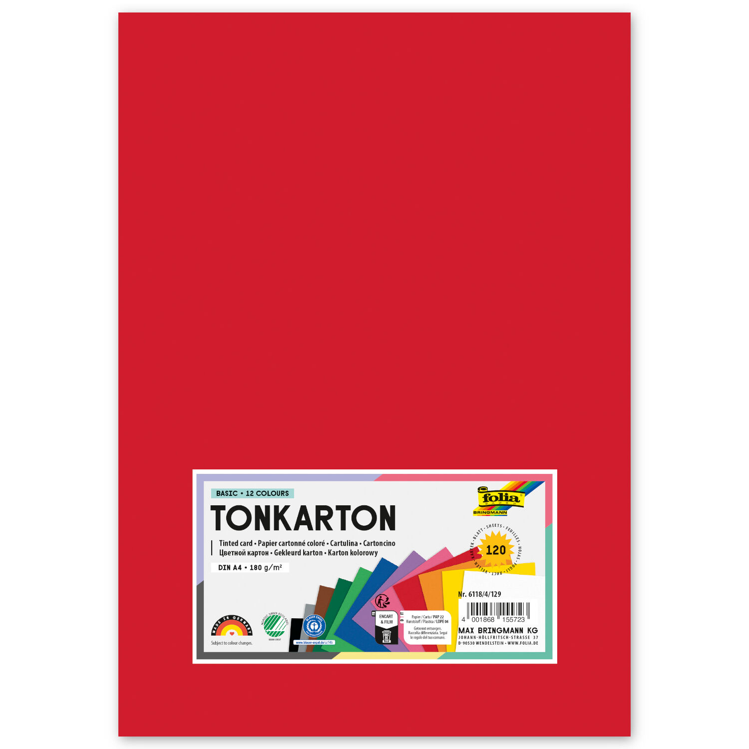 Color-Bastelkarton / Tonkarton 180g/m�, DIN A4, 120 Blatt, 12 Farben sortiert