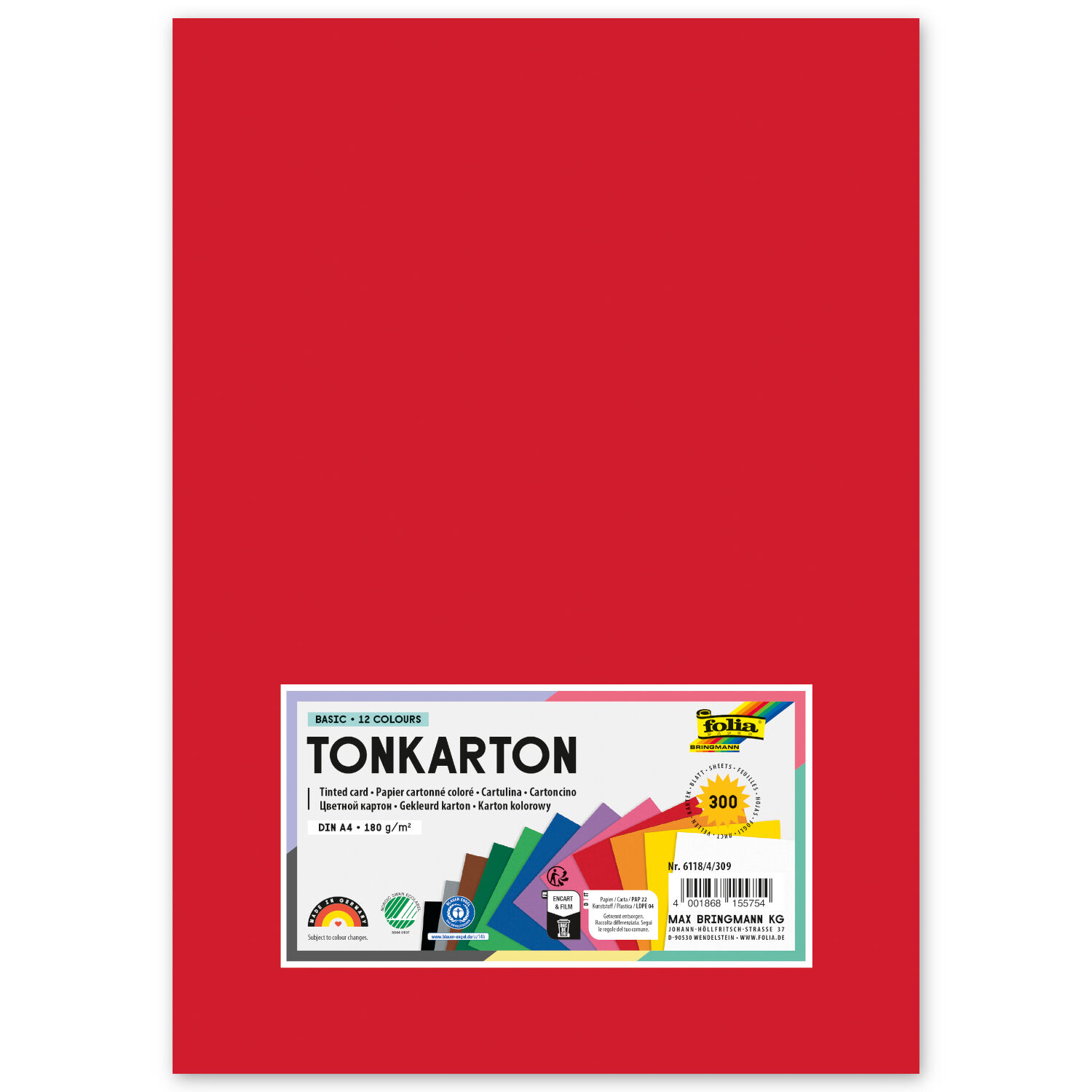Color-Bastelkarton / Tonkarton 180g/m�, DIN A4, 300 Blatt, 12 Farben sortiert