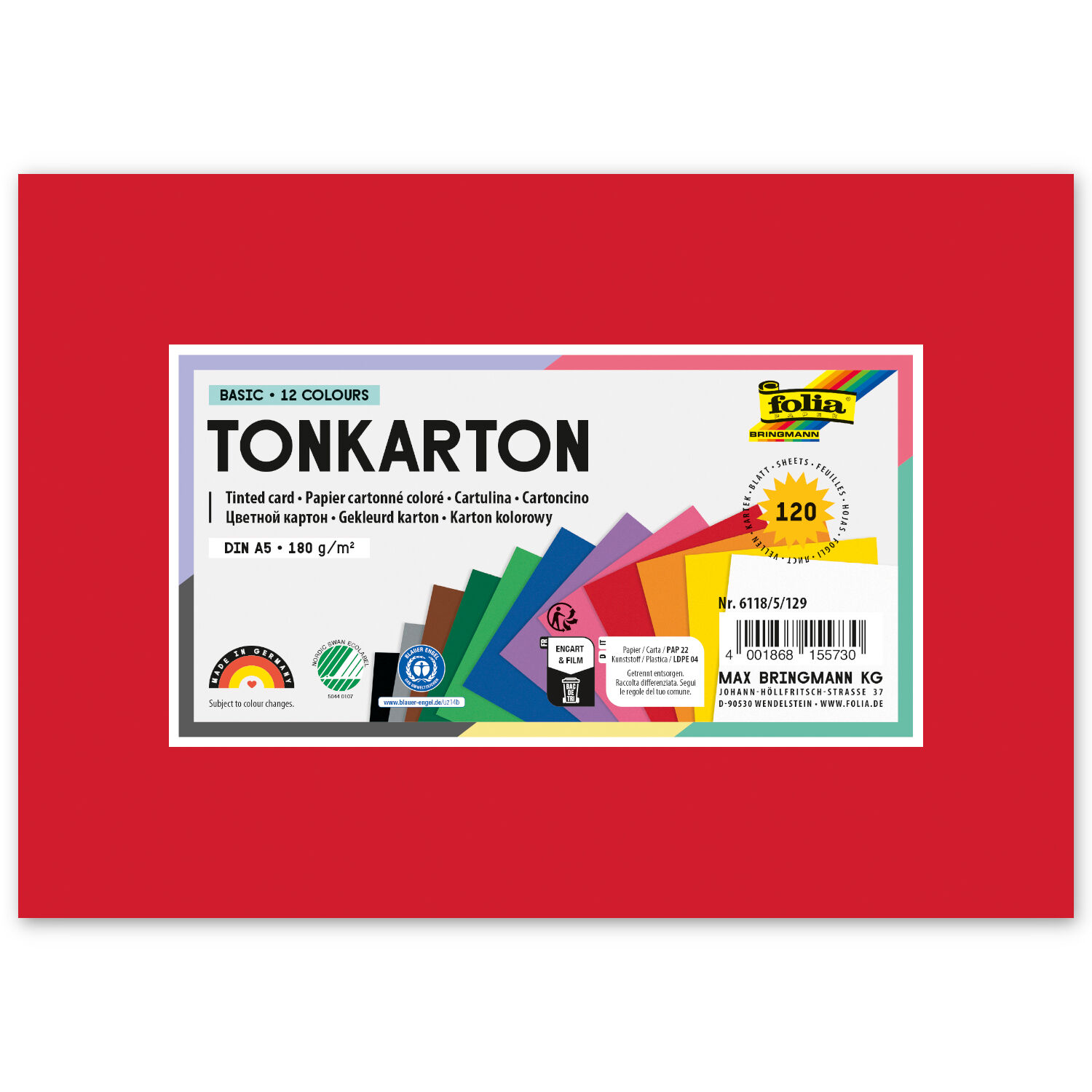 Color-Bastelkarton / Tonkarton 180g/m�, DIN A5, 120 Blatt, 12 Farben sortiert
