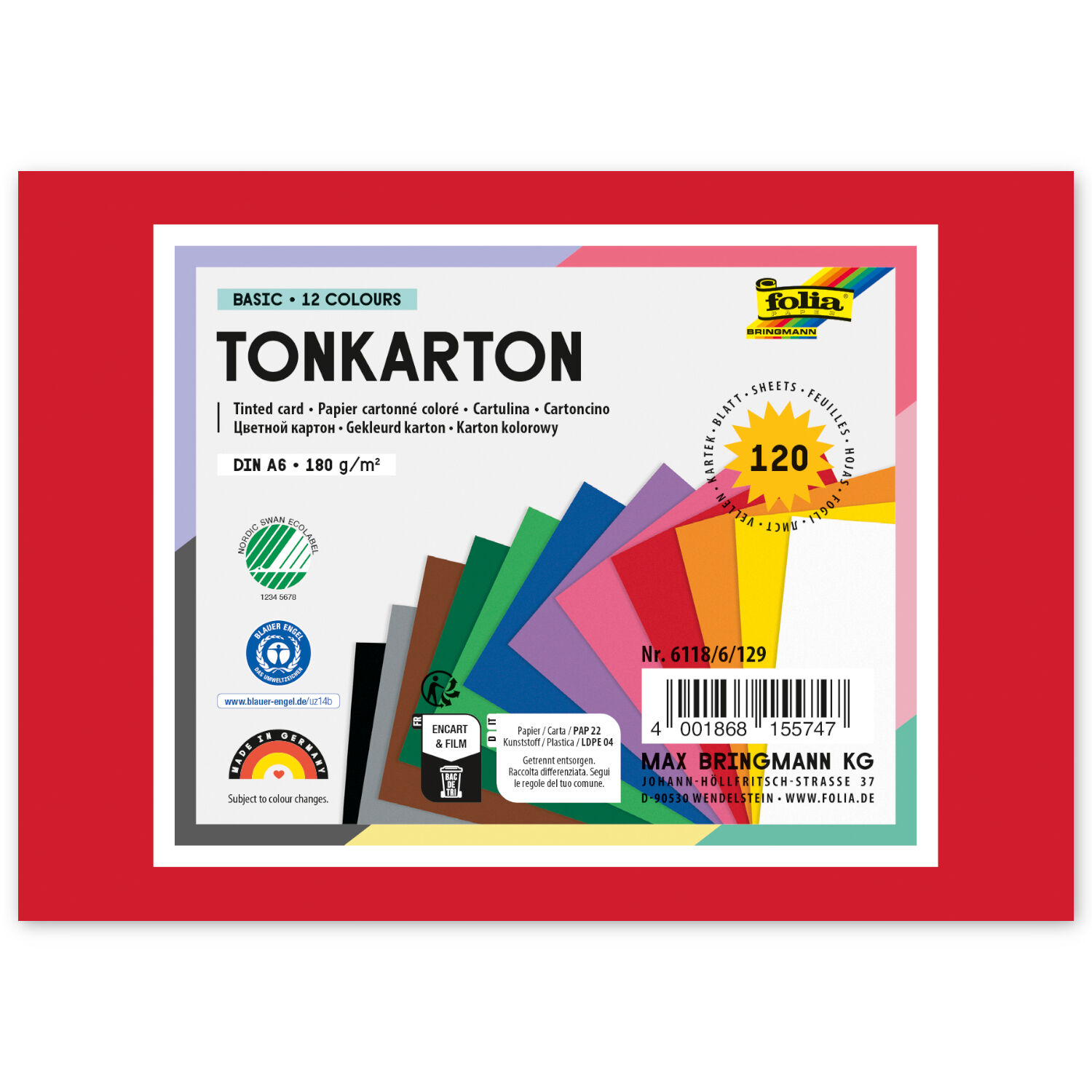 Color-Bastelkarton / Tonkarton 180g/m�, DIN A6, 120 Blatt, 12 Farben sortiert