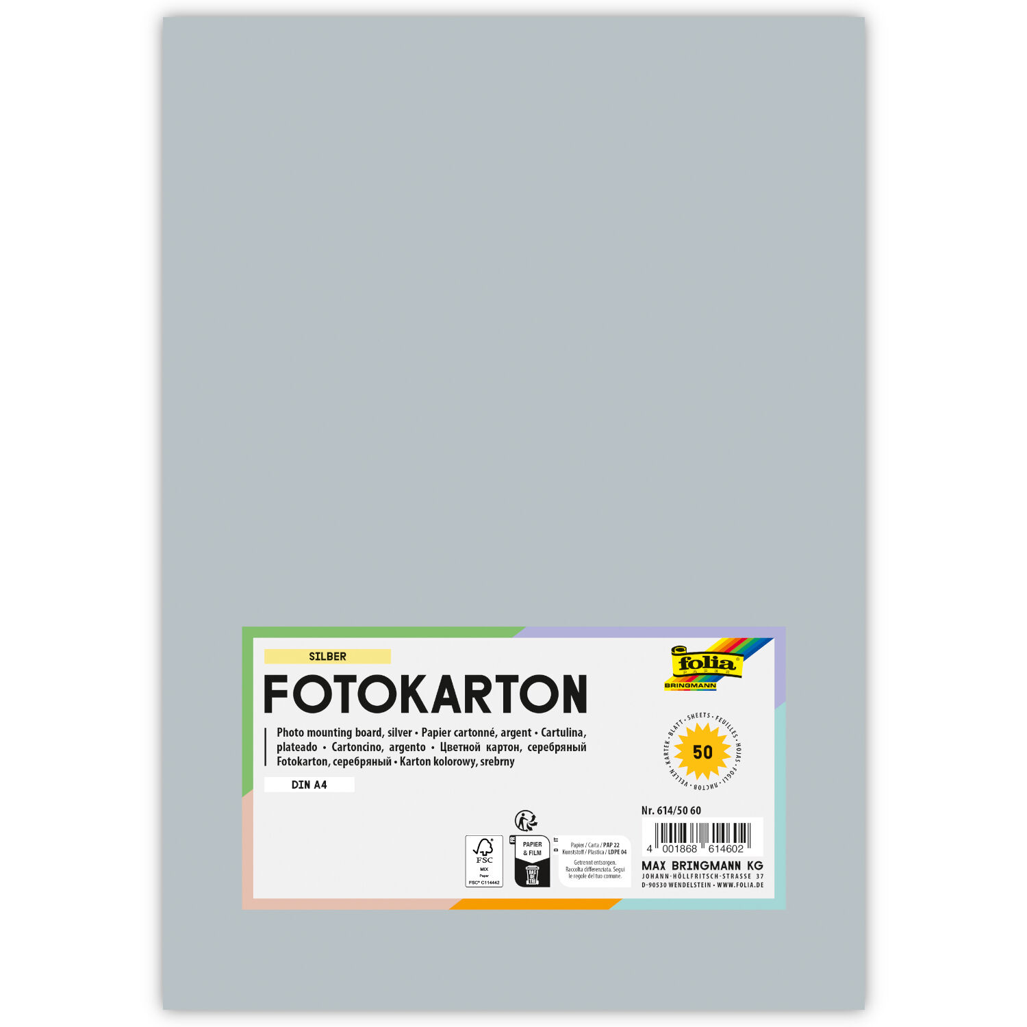 Fotokarton, 50 Bogen, 300 g/qm, DIN A4, Silber Matt