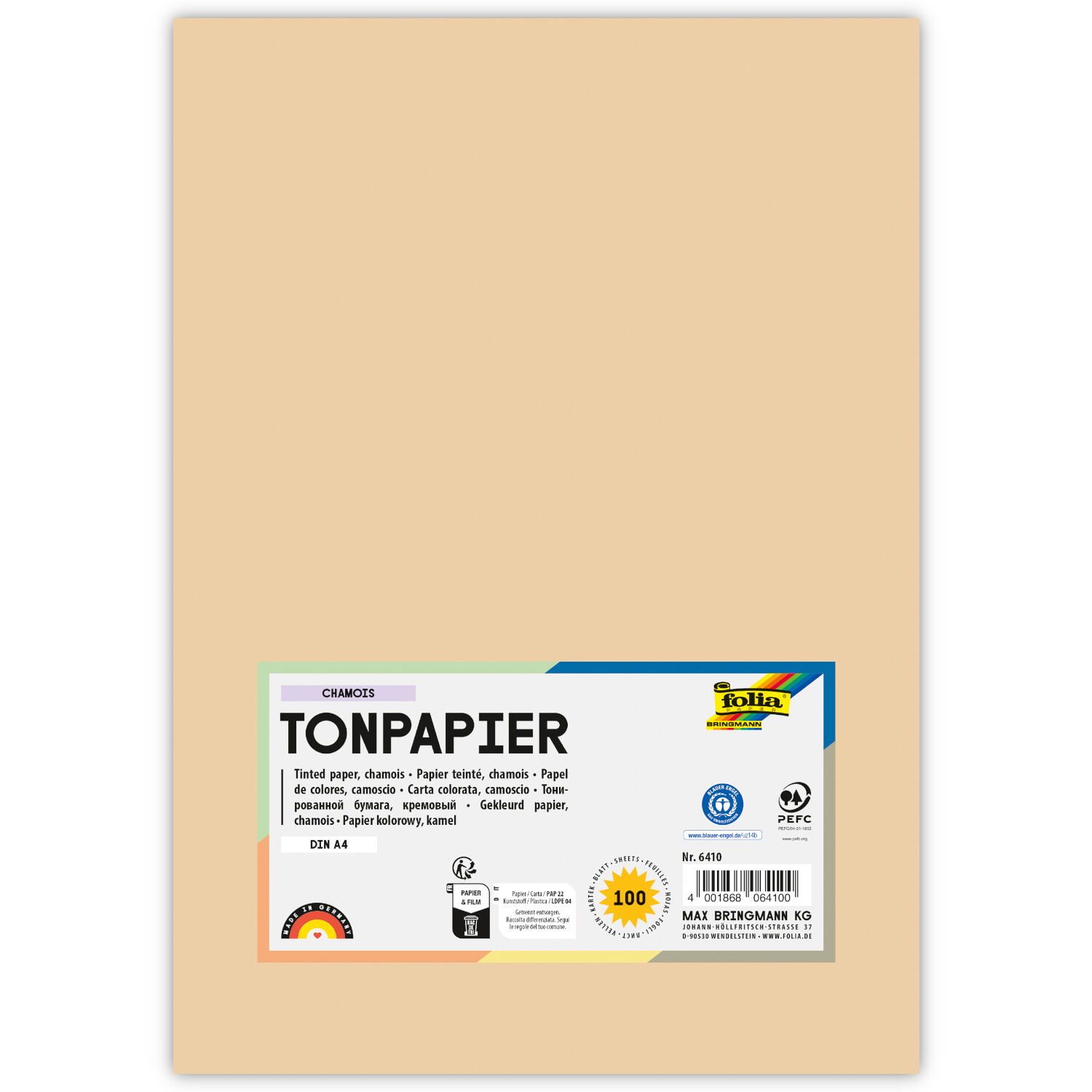 Tonpapier, 100 Bogen, 130 g/qm, DIN A4, Chamois