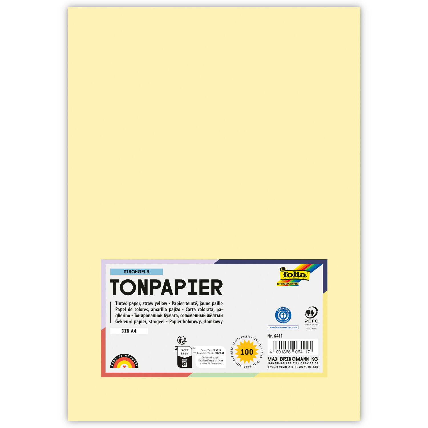 Tonpapier, 100 Bogen, 130 g/qm, DIN A4, Strohgelb