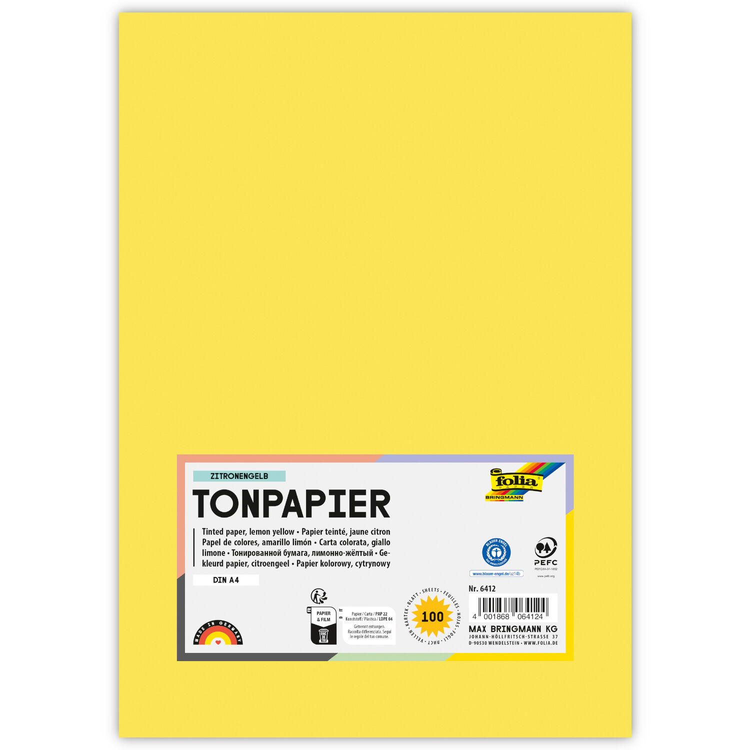 Tonpapier, 100 Bogen, 130 g/qm, DIN A4, Zitronengelb