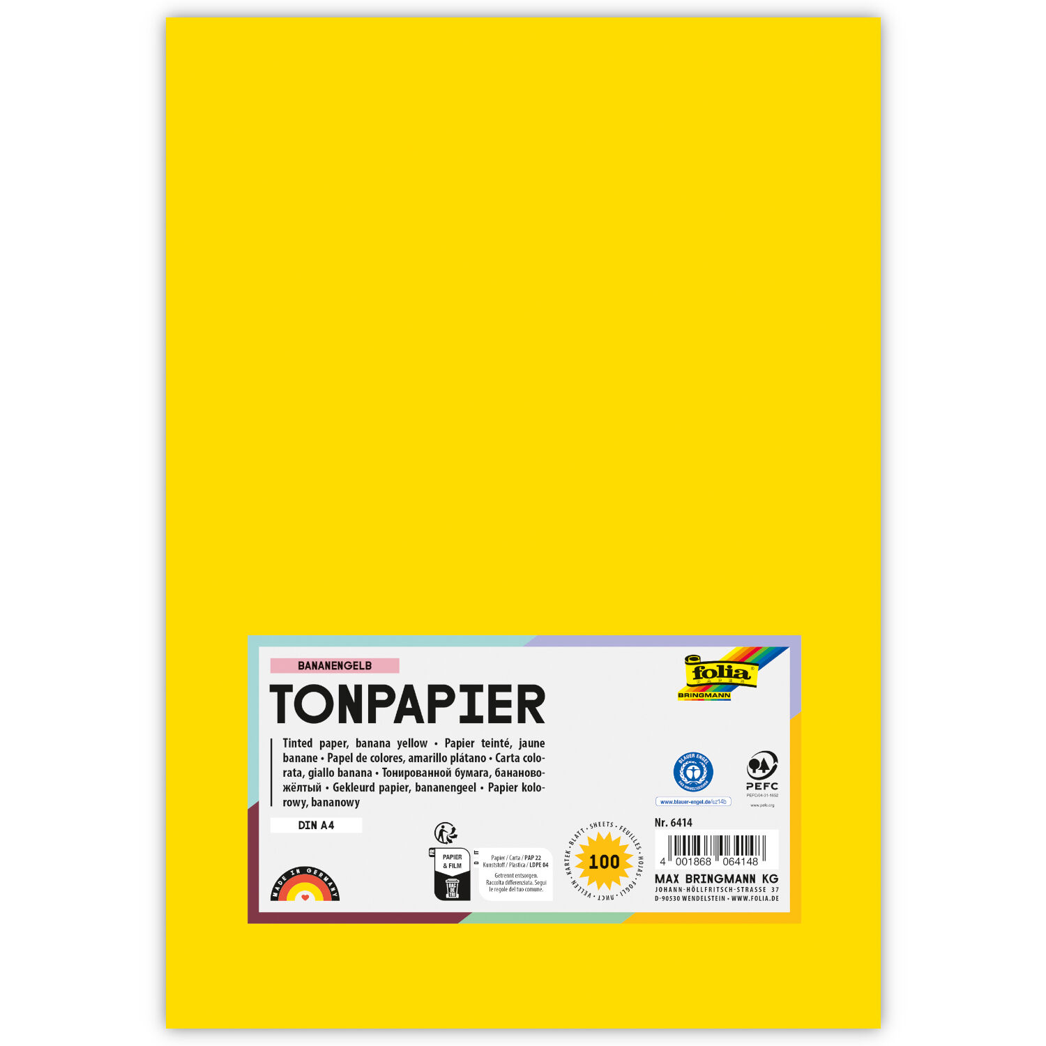 Tonpapier, 100 Bogen, 130 g/qm, DIN A4, Bananengelb