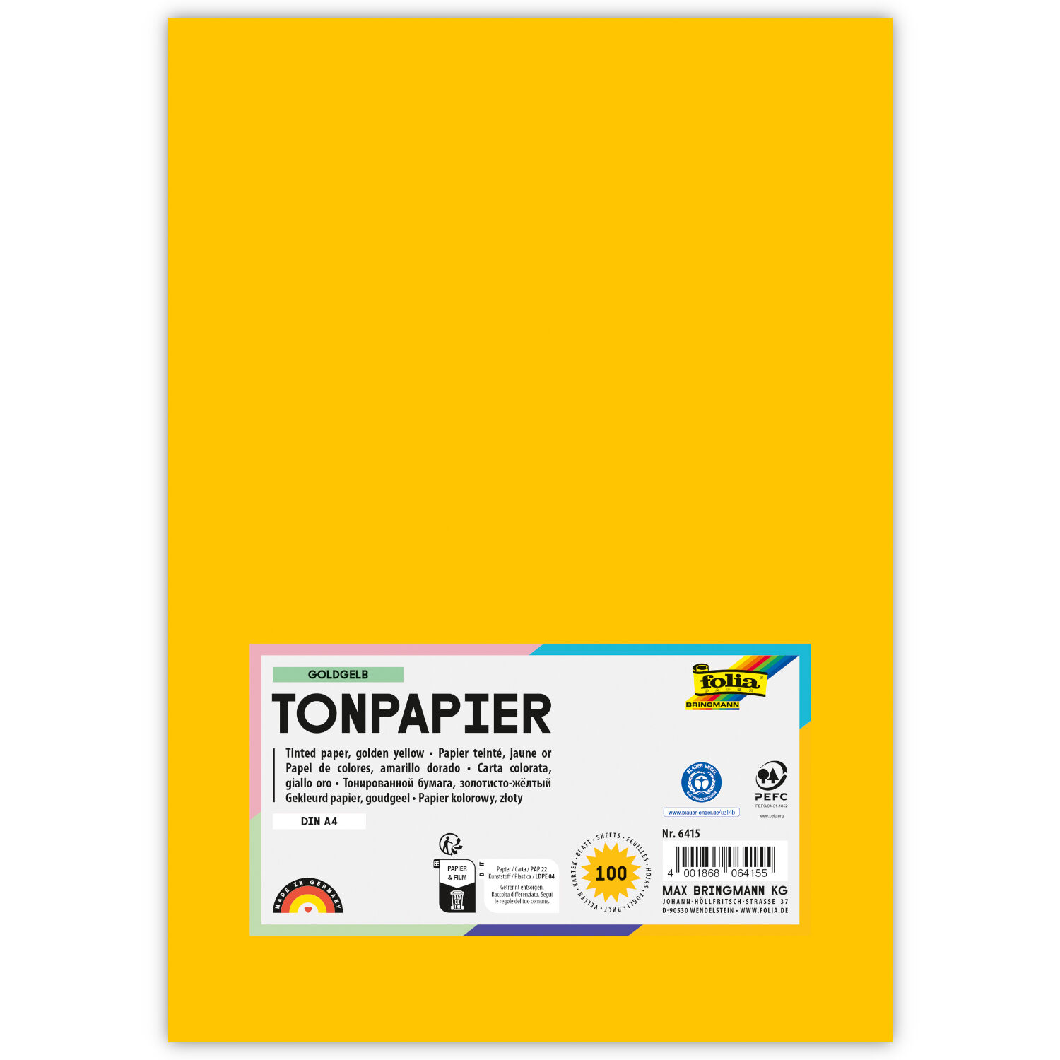 Tonpapier, 100 Bogen, 130 g/qm, DIN A4, Goldgelb