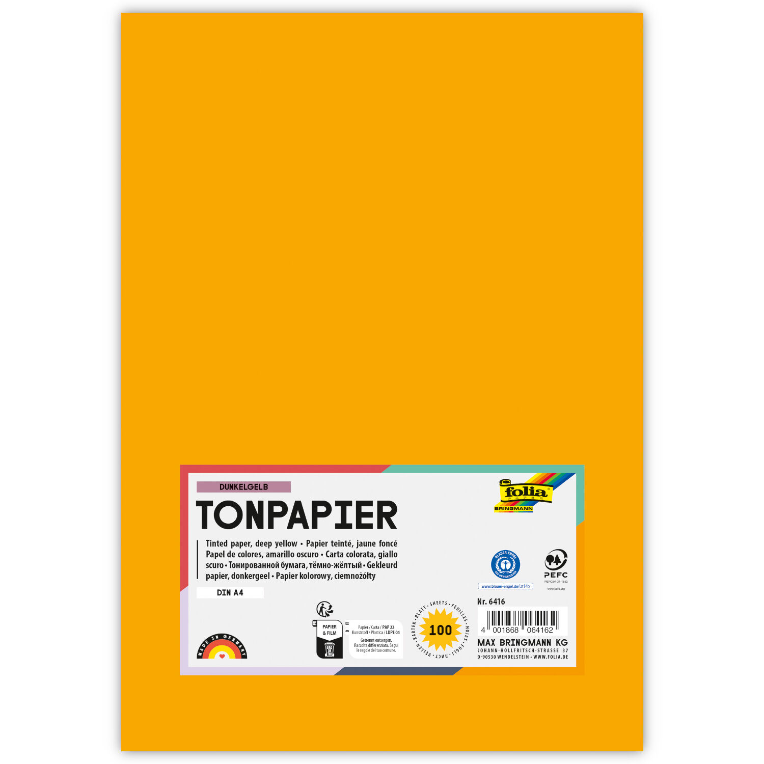 Tonpapier, 100 Bogen, 130 g/qm, DIN A4, Dunkelgelb
