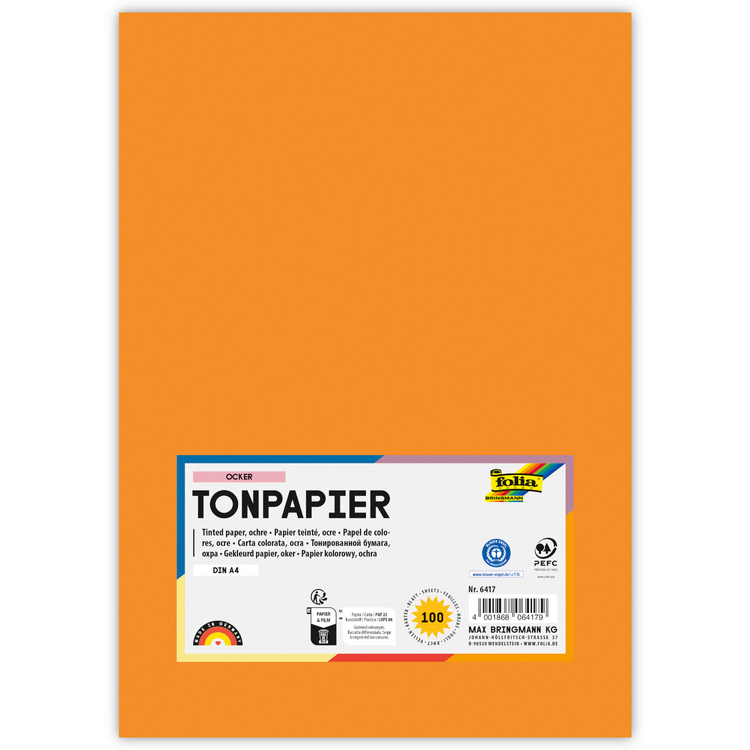 Tonpapier, 100 Bogen, 130 g/qm, DIN A4, Ocker