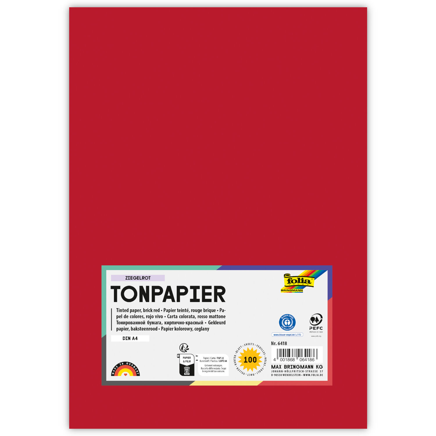 Tonpapier, 100 Bogen, 130 g/qm, DIN A4, Ziegelrot