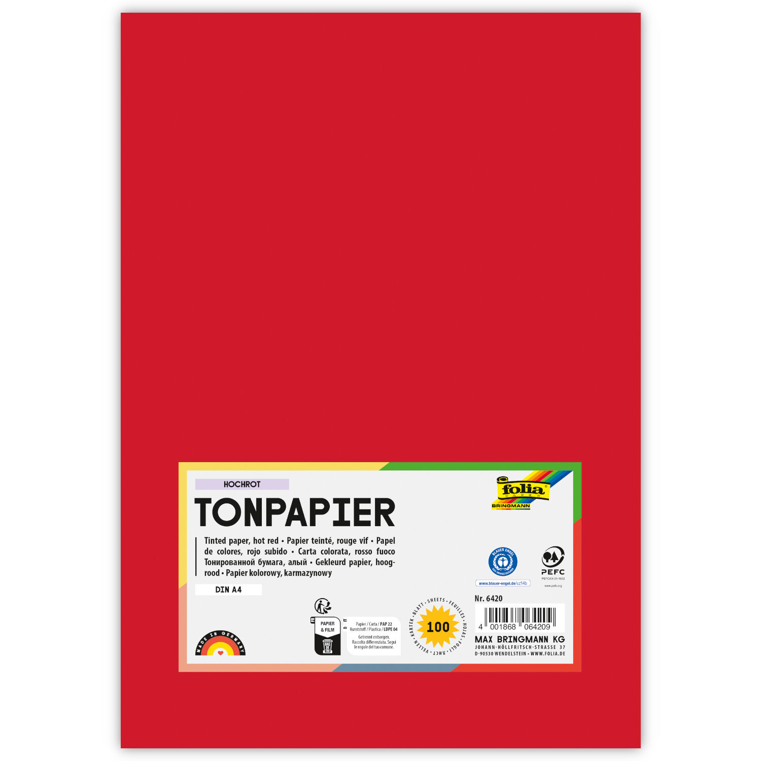 Tonpapier, 100 Bogen, 130 g/qm, DIN A4, Hochrot