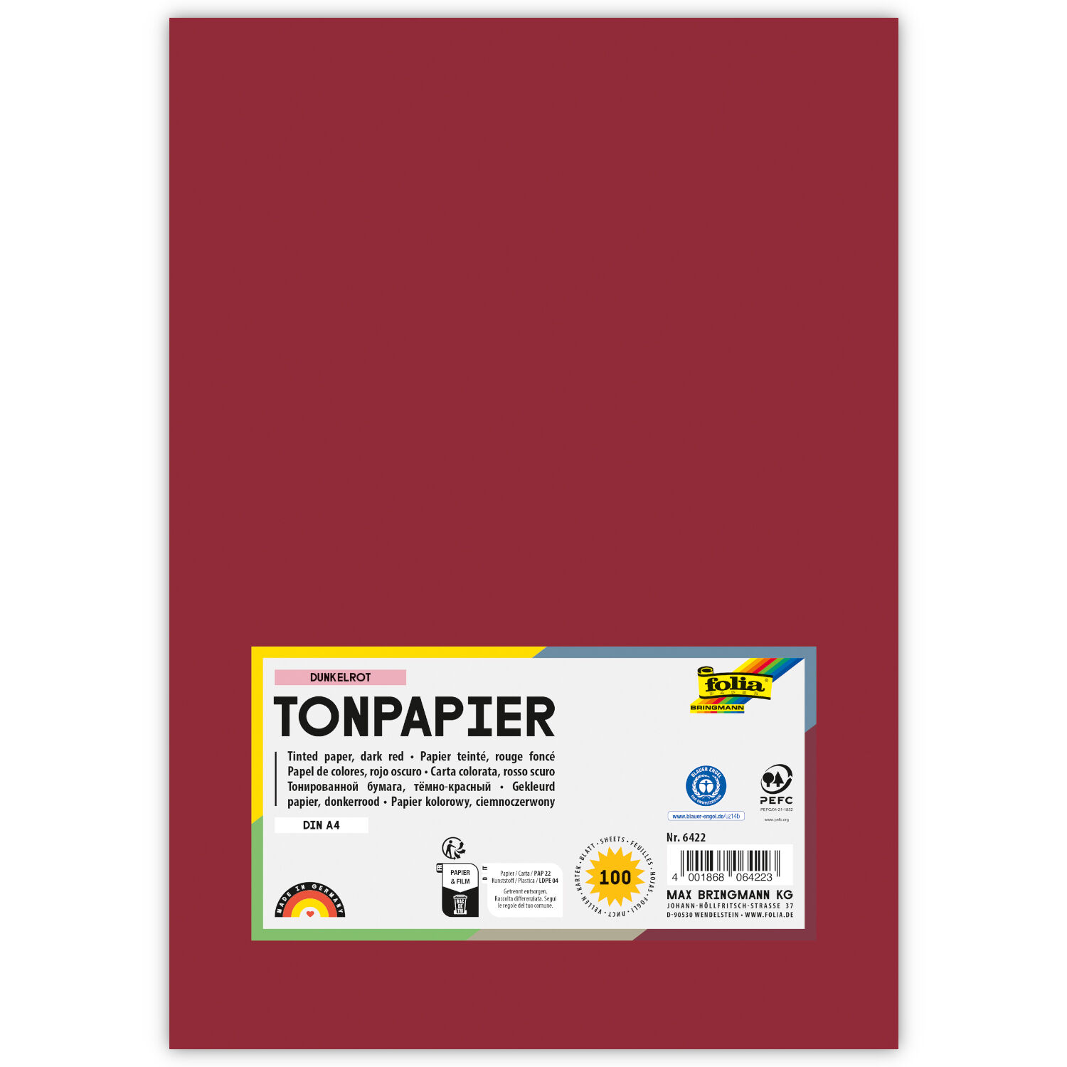 Tonpapier, 100 Bogen, 130 g/qm, DIN A4, Dunkelrot