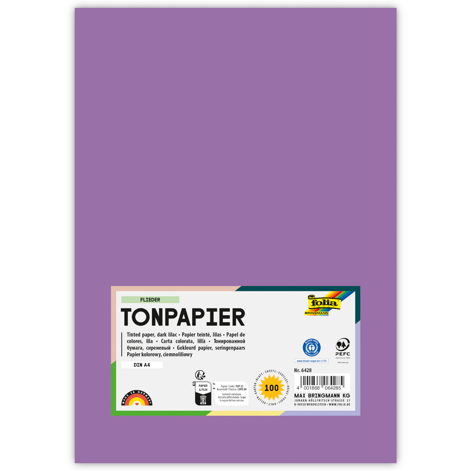 Tonpapier, 100 Bogen, 130 g/qm, DIN A4, Flieder