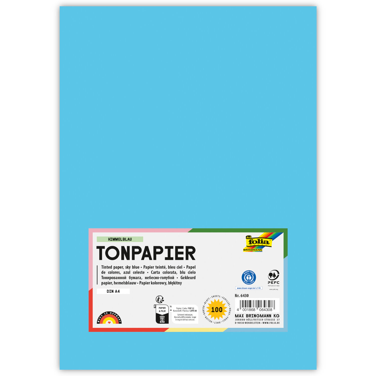 Tonpapier, 100 Bogen, 130 g/qm, DIN A4, Himmelblau