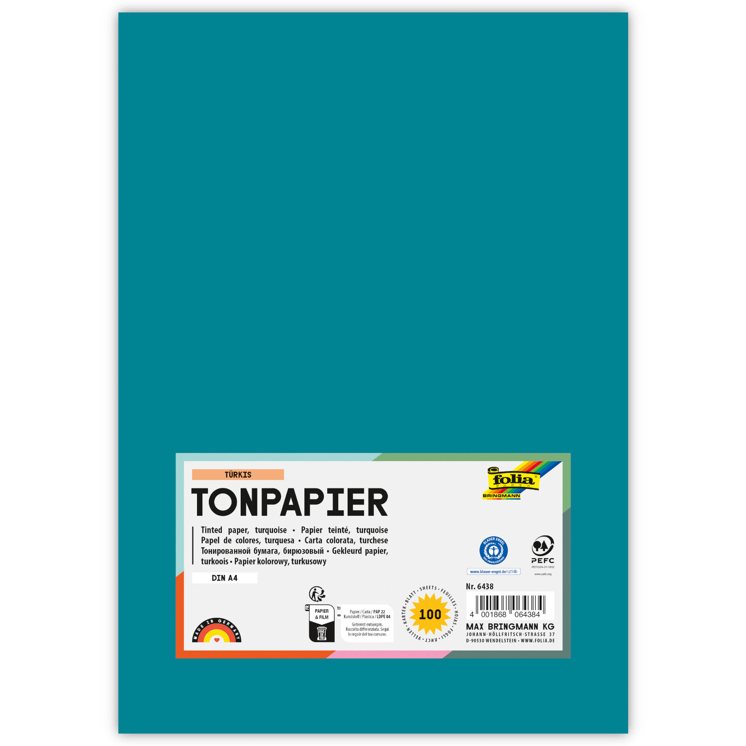Tonpapier, 100 Bogen, 130 g/qm, DIN A4, T�rkis