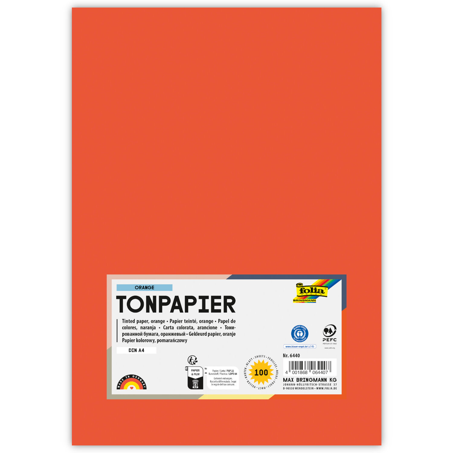 Tonpapier, 100 Bogen, 130 g/qm, DIN A4, Orange