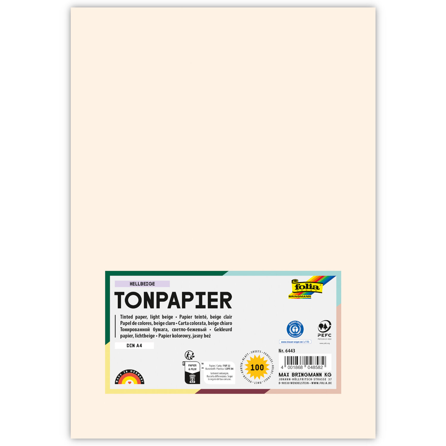 Tonpapier, 100 Bogen, 130 g/qm, DIN A4, Haut / Hellbeige