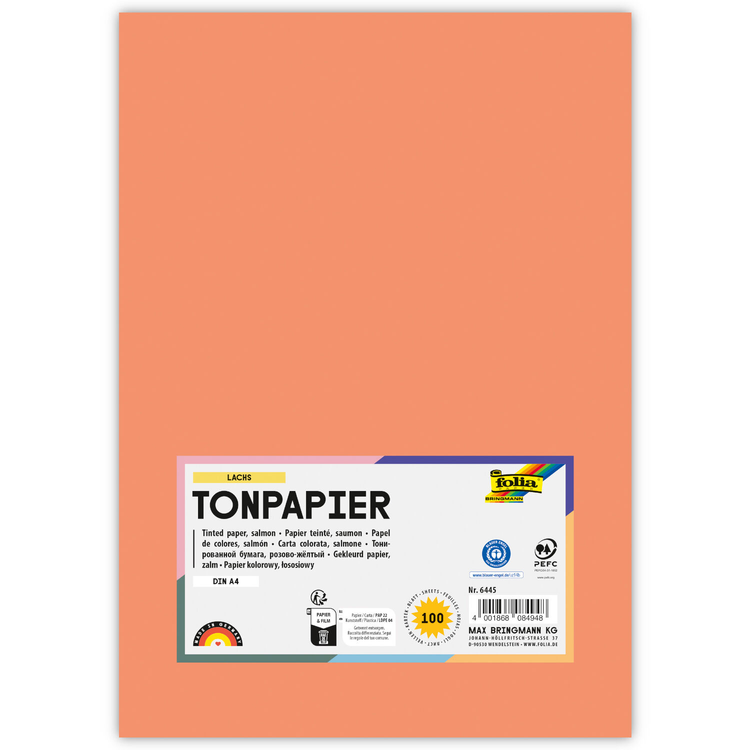 Tonpapier, 100 Bogen, 130 g/qm, DIN A4, Lachs