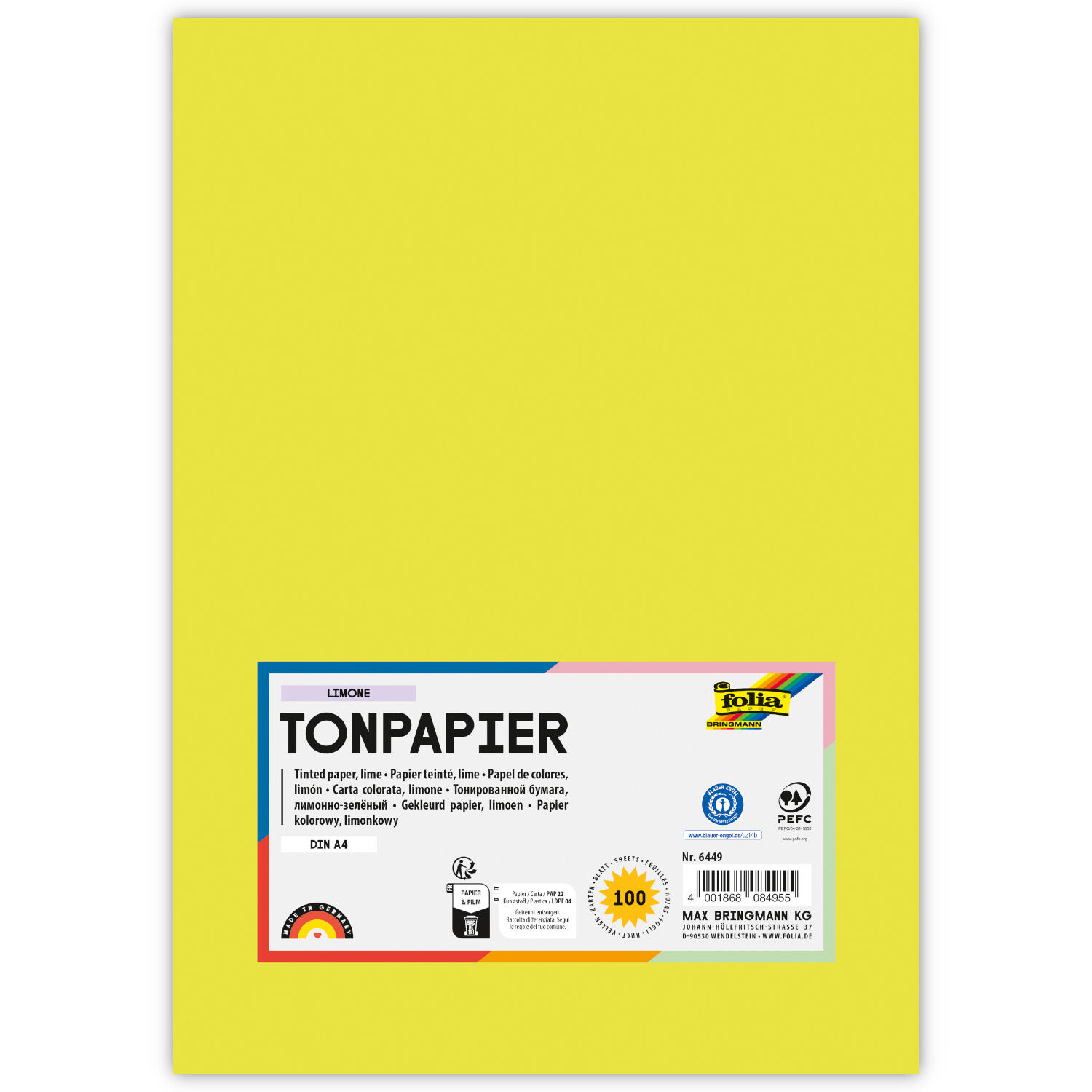 Tonpapier, 100 Bogen, 130 g/qm, DIN A4, Limone