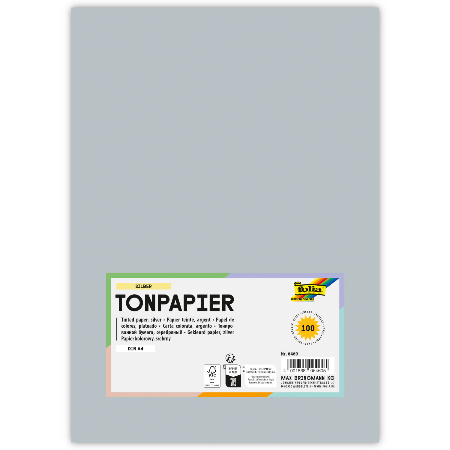 Tonpapier, 100 Bogen, 130 g/qm, DIN A4, Silber Matt