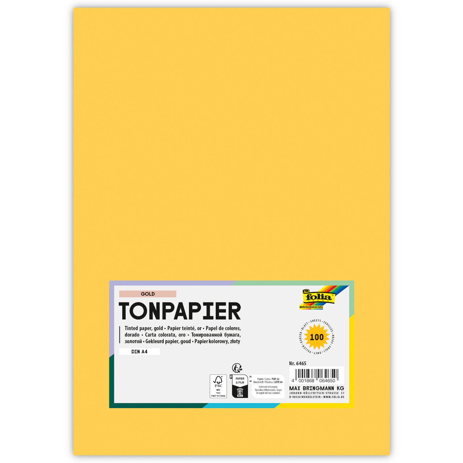 Tonpapier, 100 Bogen, 130 g/qm, DIN A4, Gold Matt