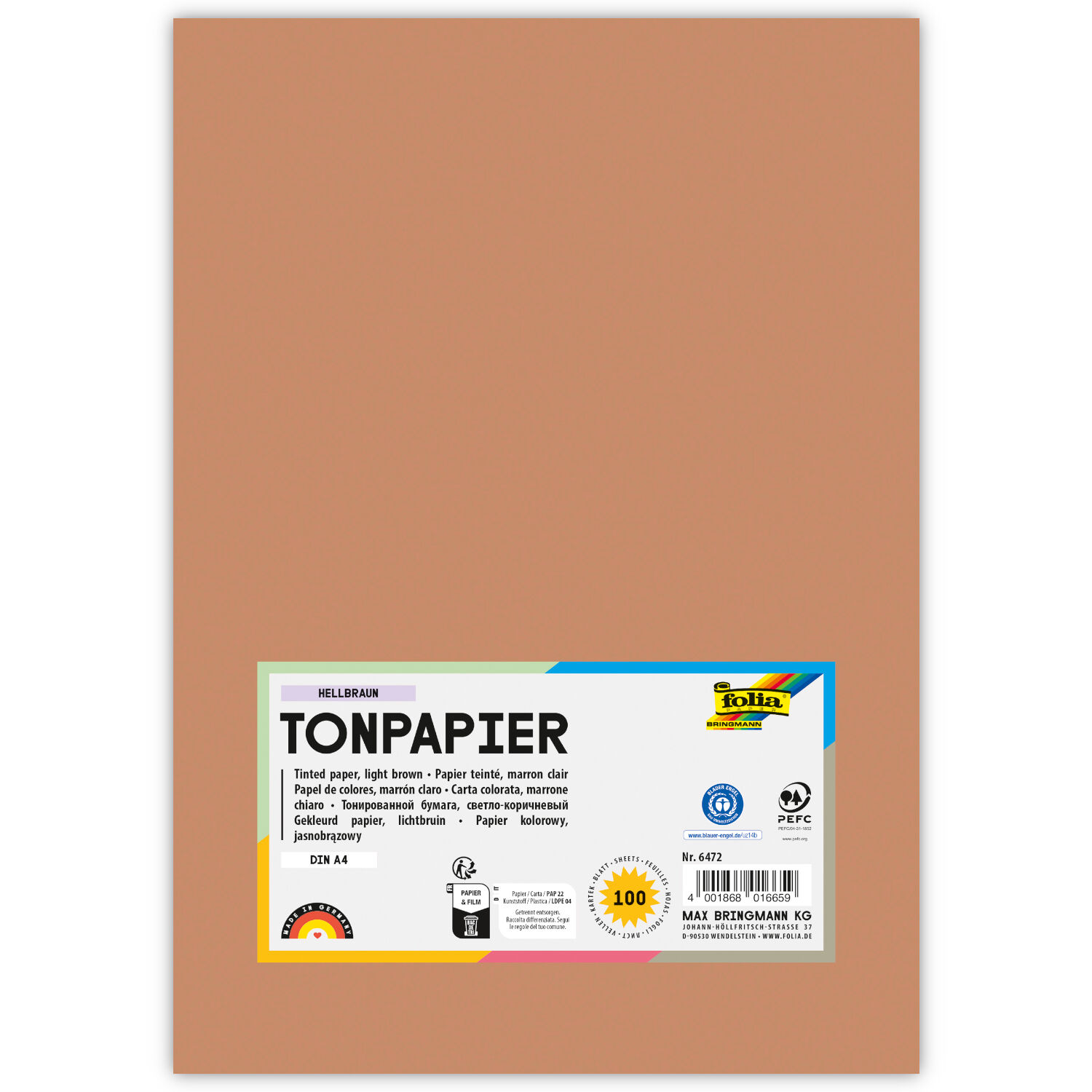 Tonpapier, 100 Bogen, 130 g/qm, DIN A4, Hellbraun