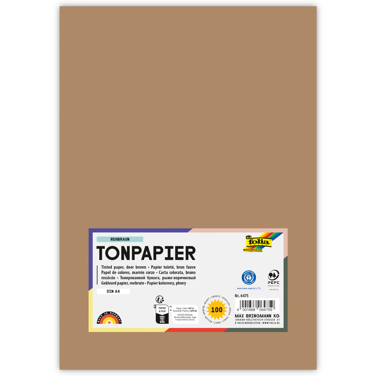 Tonpapier, 100 Bogen, 130 g/qm, DIN A4, Rehbraun