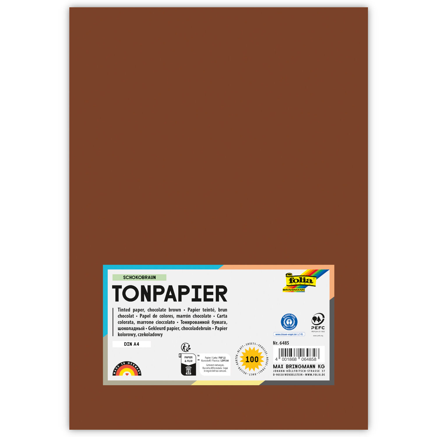Tonpapier, 100 Bogen, 130 g/qm, DIN A4, Schokobraun