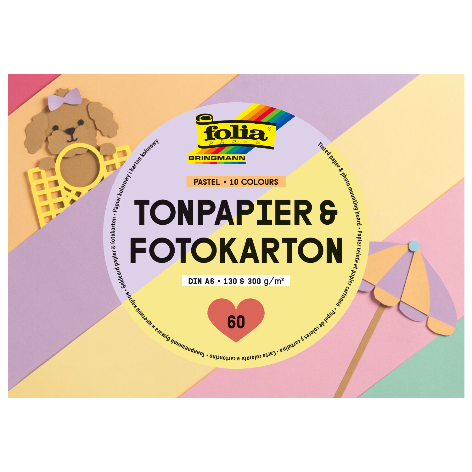 Papier Block PASTEL, 130 & 300g/m�, DIN A6, 60 Blatt, 10 Farben sortiert