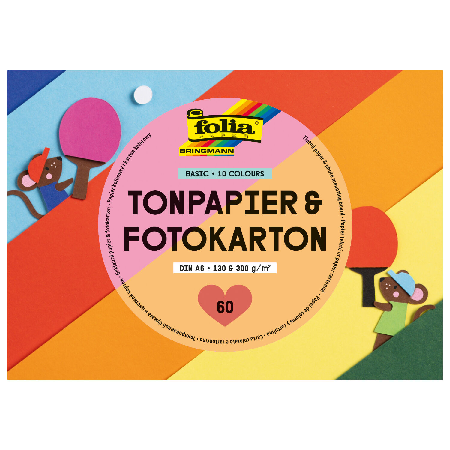 Papier Block BASIC, 130 & 300g/m�, DIN A6, 60 Blatt, 10 Farben sortiert