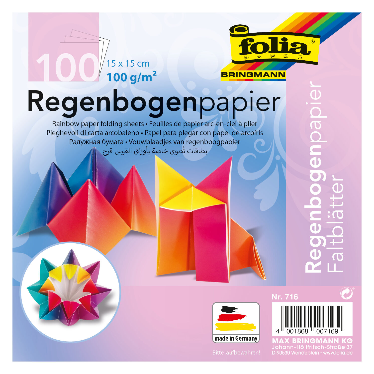 Faltbltter Regenbogenpapier, 15x15 cm, 100 Stck
