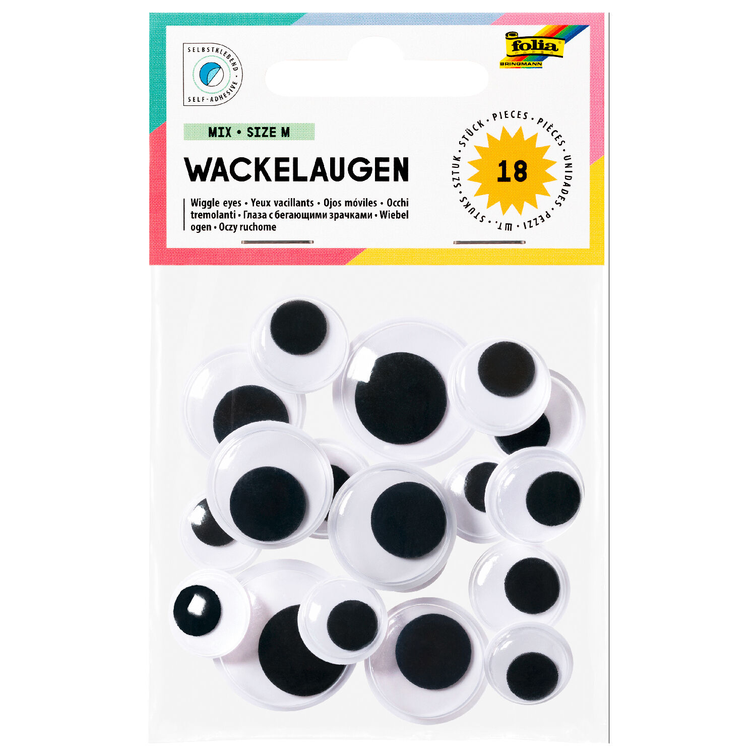 Wackelaugen Mix mittel, selbstklebend, 18 Stck, 14-25mm sortiert