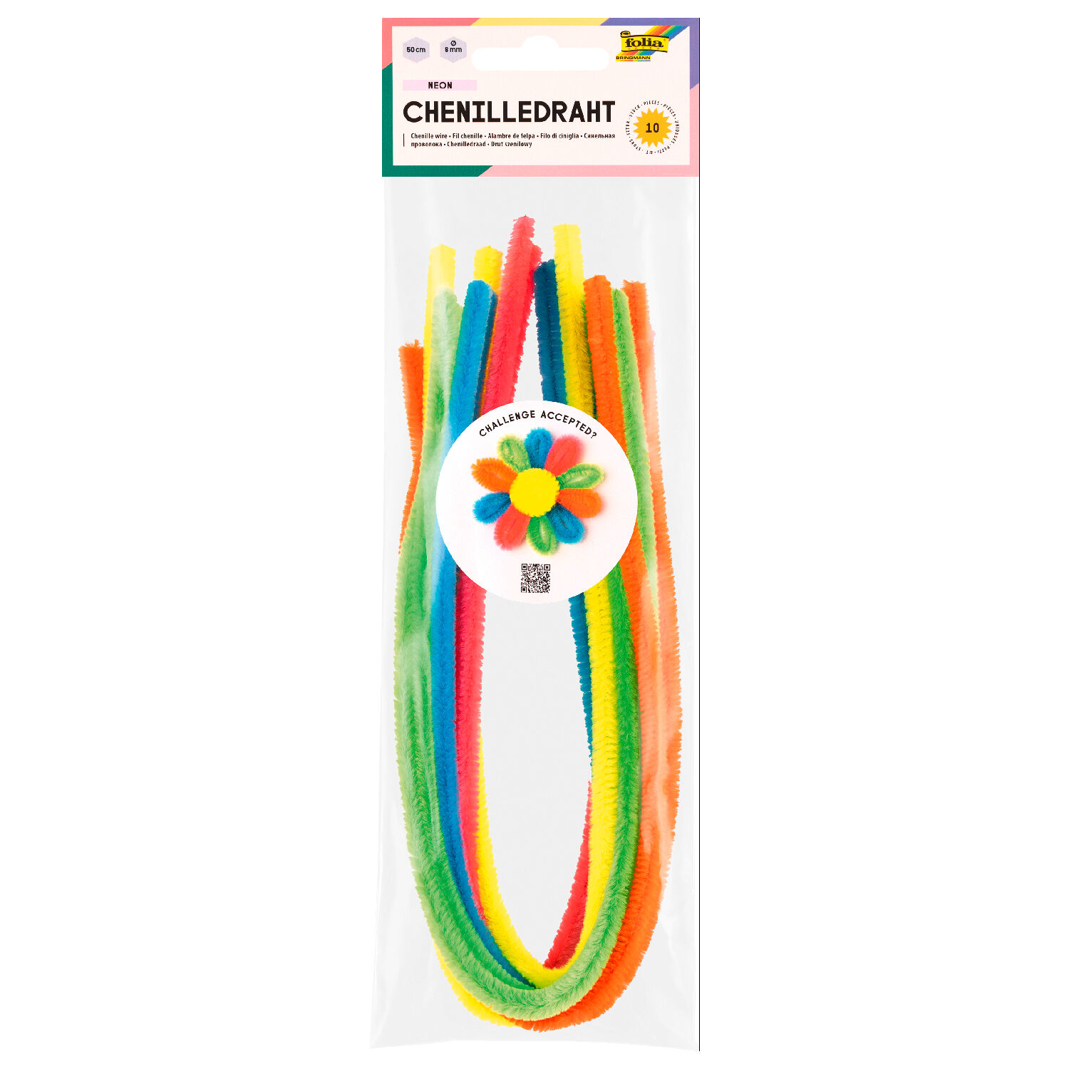 Chenilledraht / Pfeifenputzer / Biegeplsch Sortiment Neon, 50cm,  8mm, 10 Stck, farbig sortiert