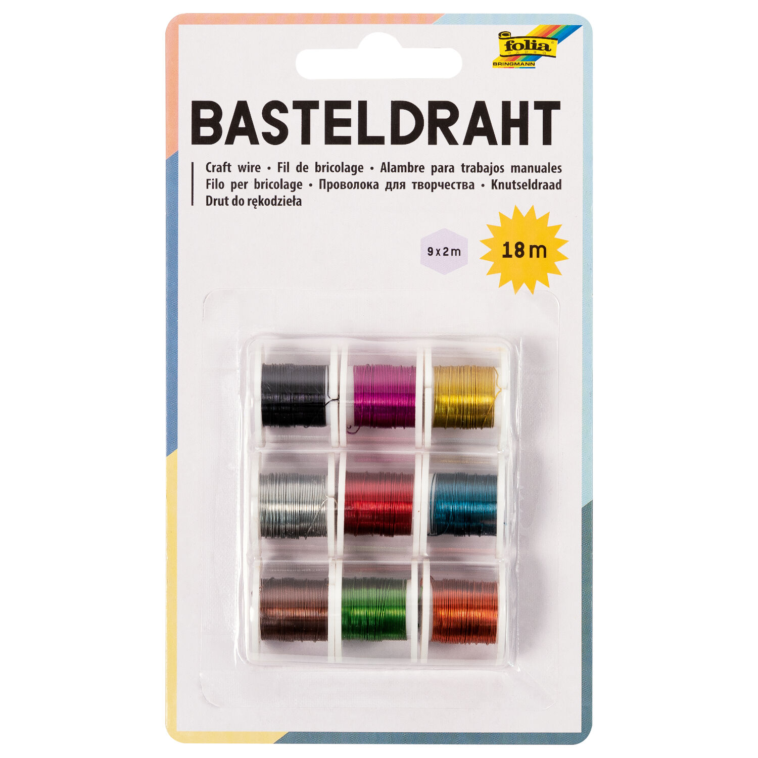 Basteldraht-Set, 9 Spulen  2 m, farbig sortiert