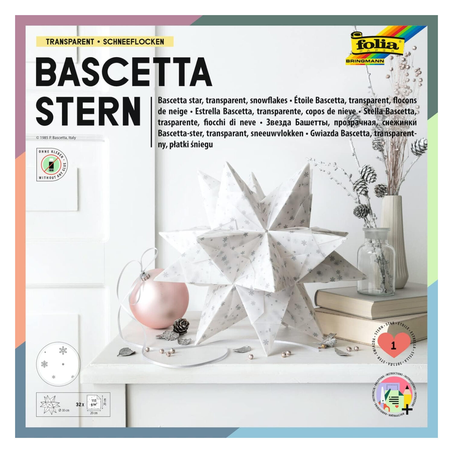 Faltbl�tter Bascetta Stern, silber-wei�, 20x20 cm