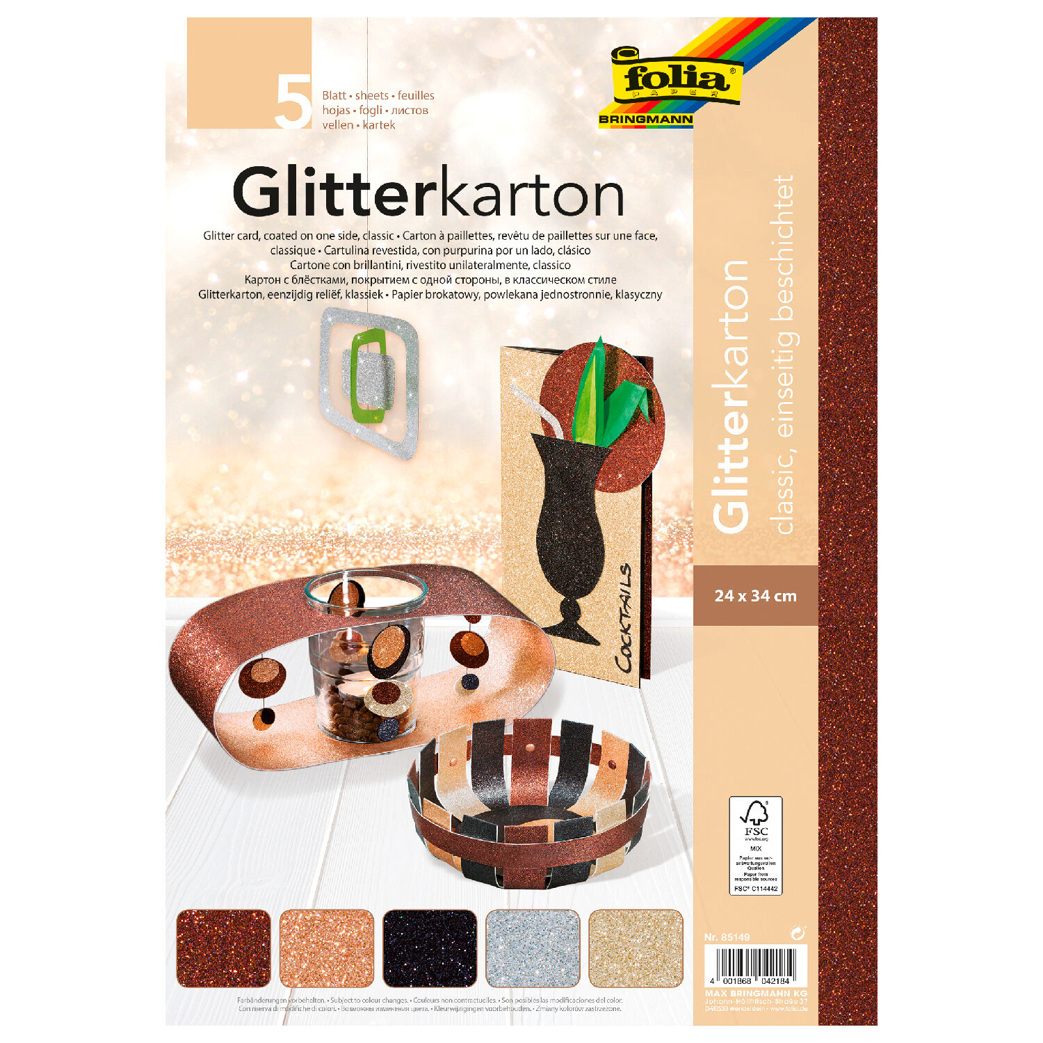 Glitterkarton Set Classic, 300g/qm, 24x34cm, 5 Blatt sortiert