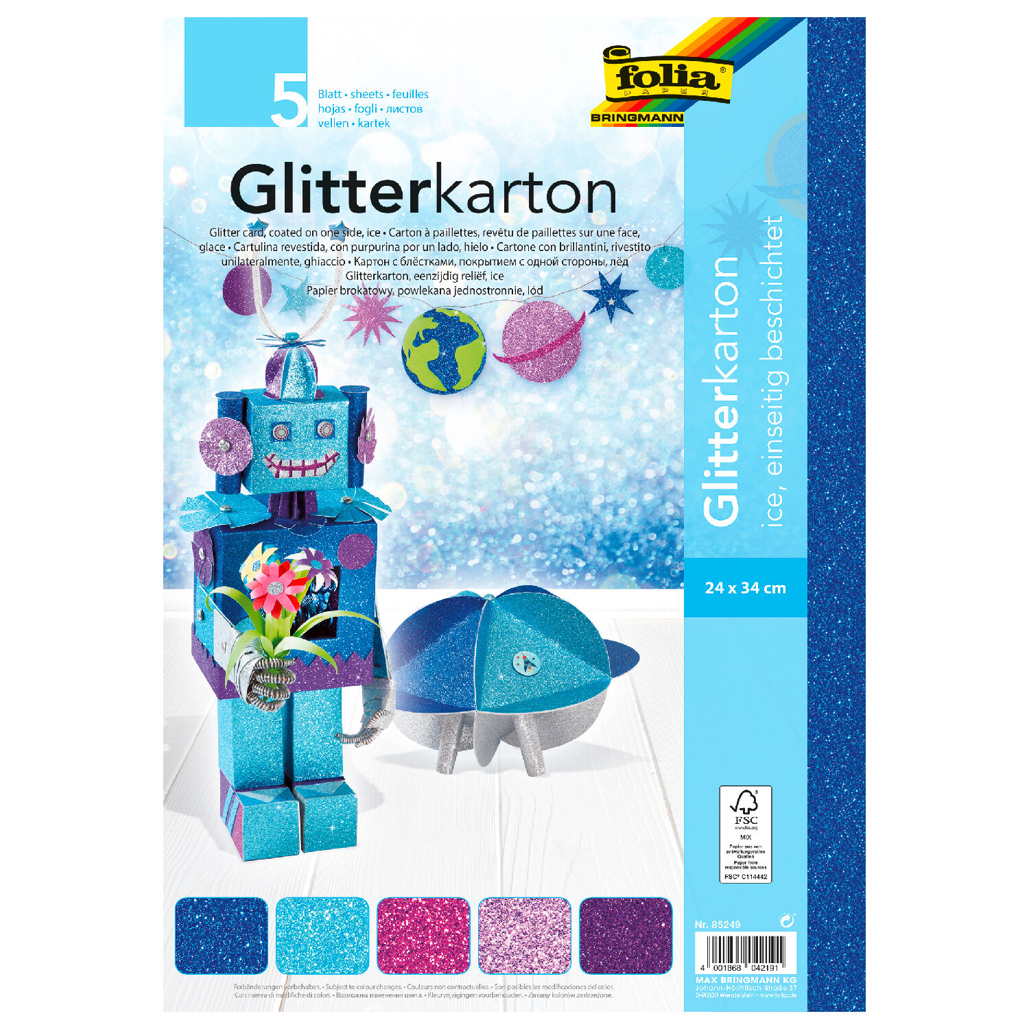 Glitterkarton Set Ice, 300g/qm, 24x34cm, 5 Blatt sortiert