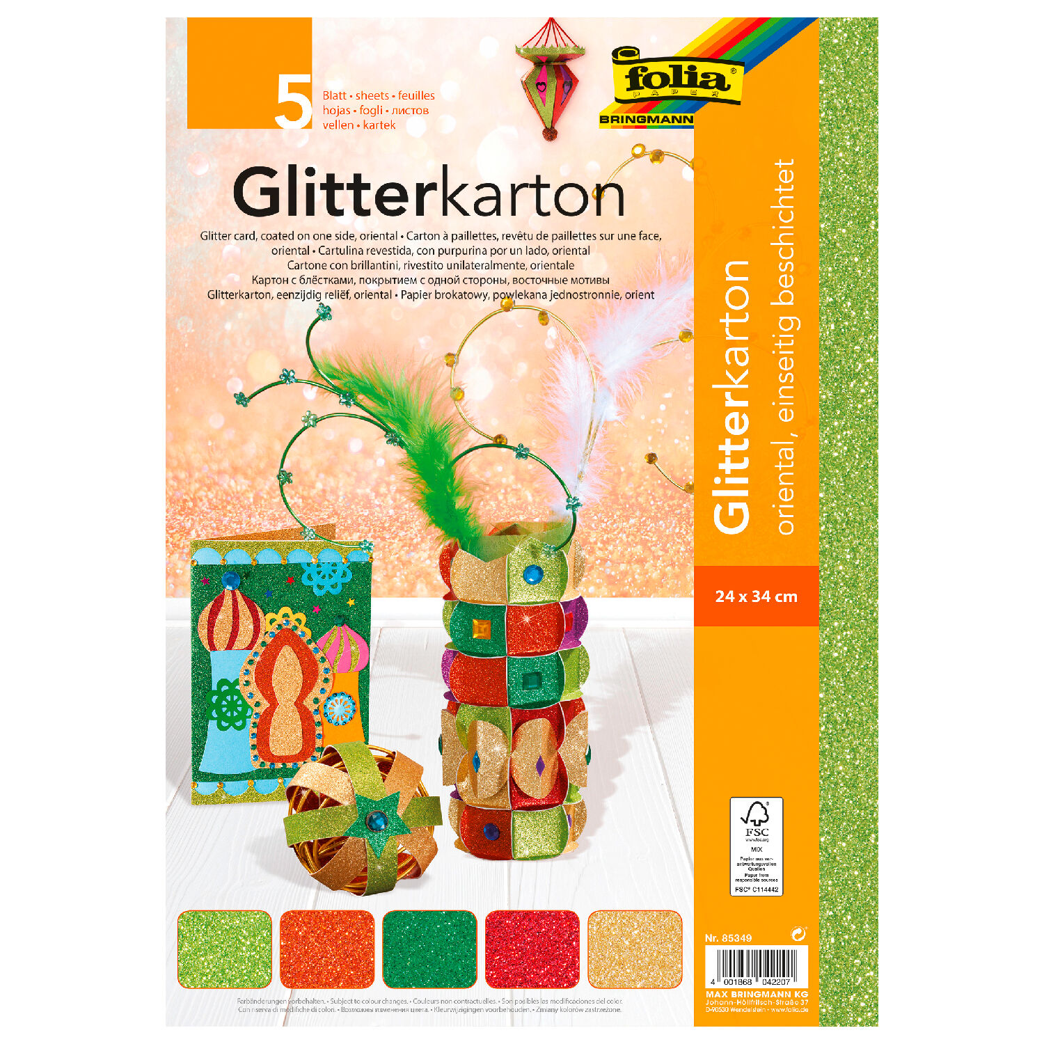 Glitterkarton Set Oriental, 300g/qm, 24x34cm, 5 Blatt sortiert