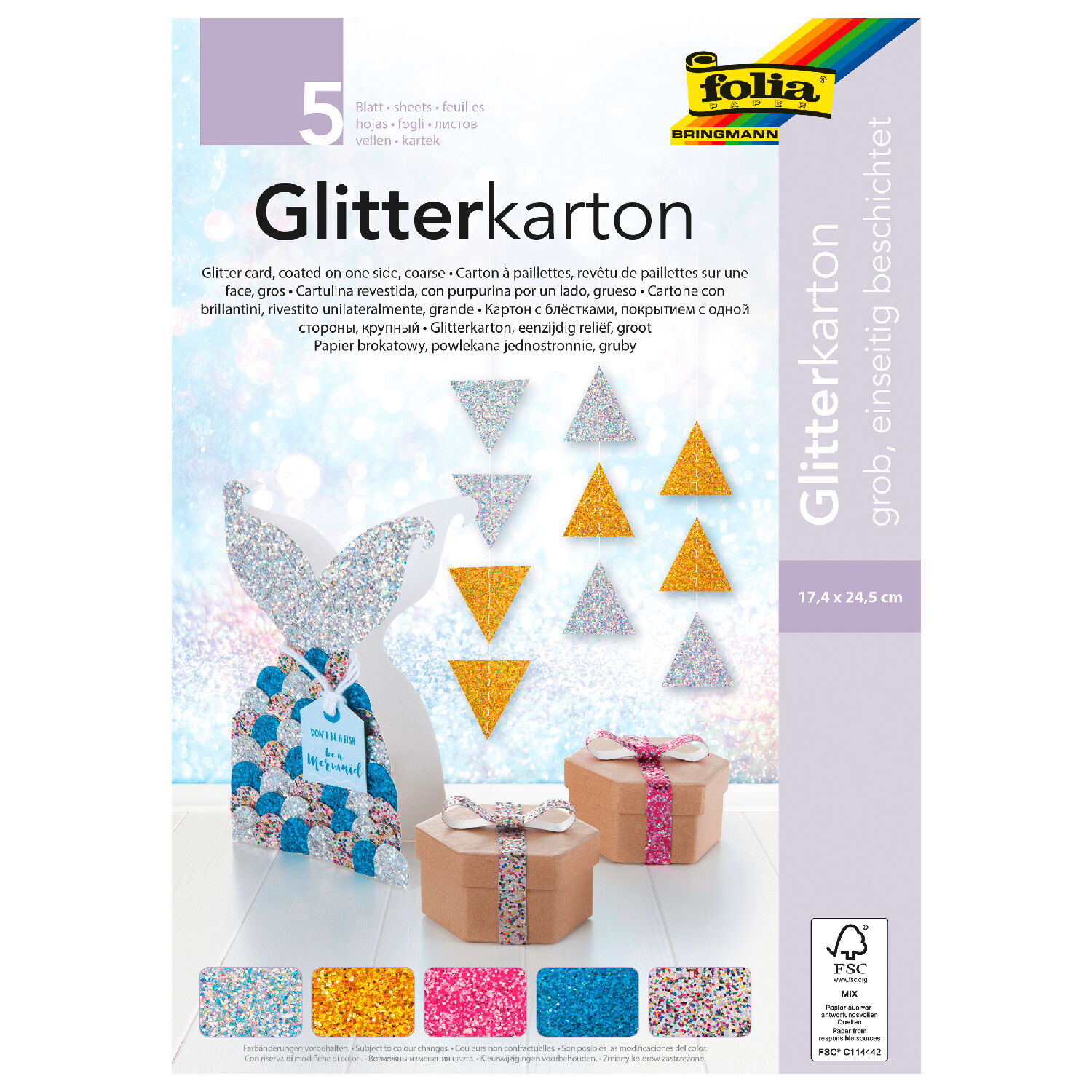 Glitterkarton-Set Grob, 17,4x24,5cm, 5 Blatt sortiert