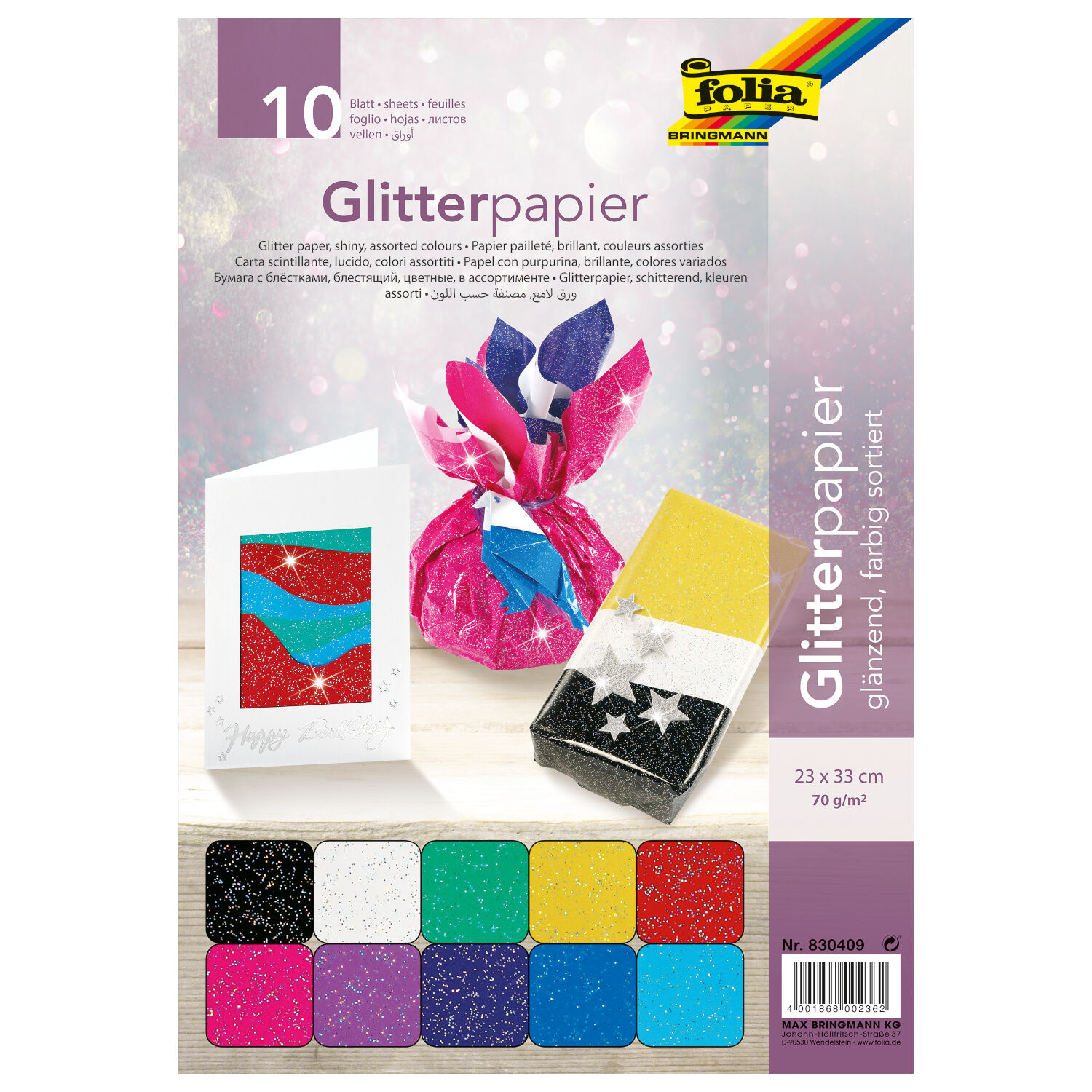 Glitterpapier 170g/qm, 24x34cm, 10 Bl., sortiert