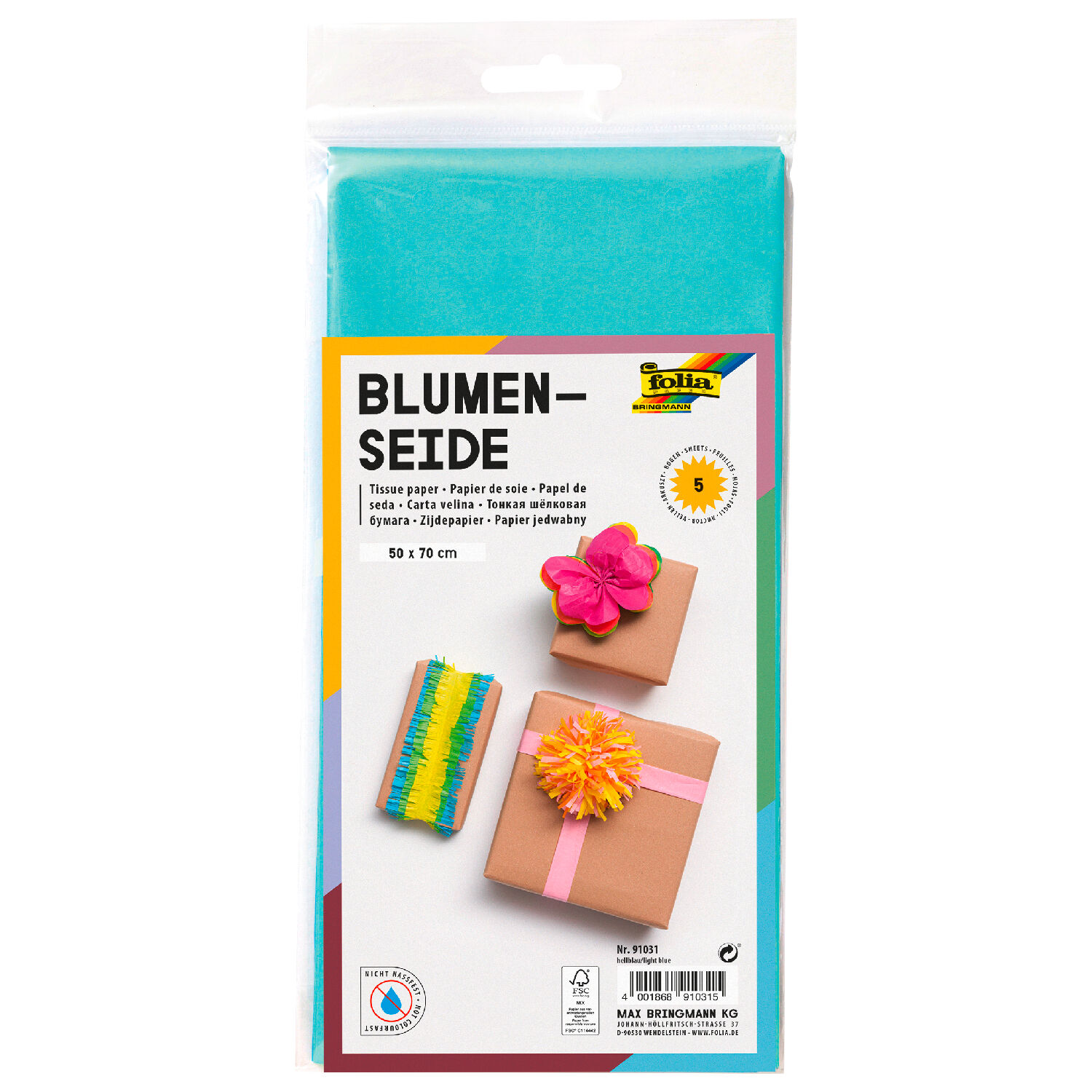 Blumenseide, 5 Bogen, 50x70 cm, Hellblau