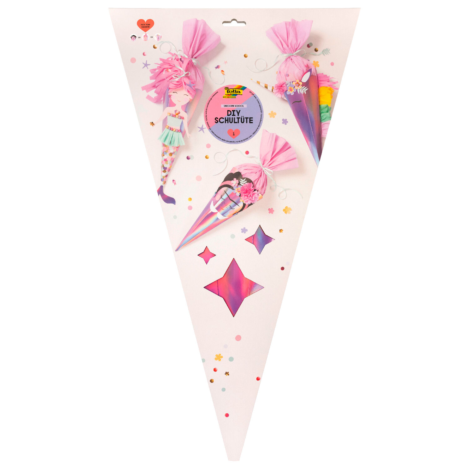 Schultüten-Bastelset Einhorn, irisierend pink, inkl. Zubehör & Anleitung