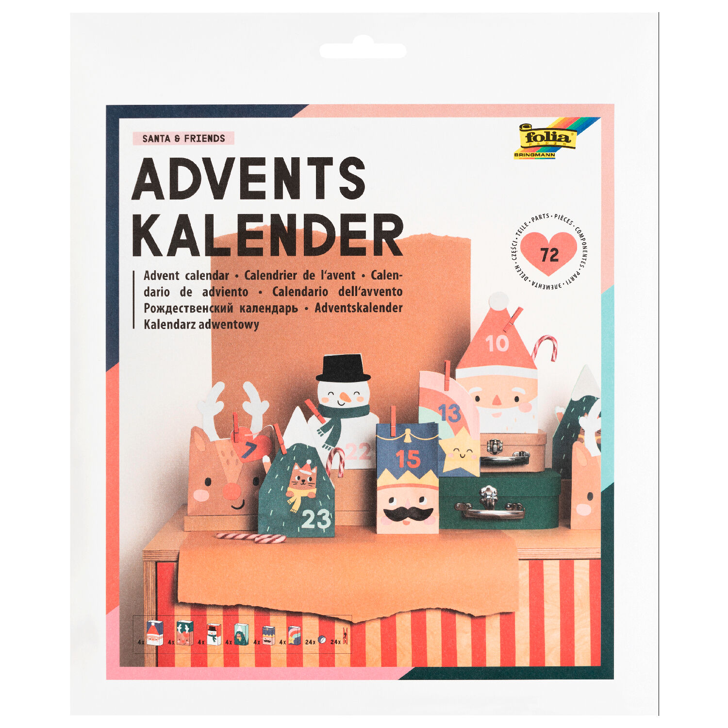 Adventskalender Santa & Friends, 72 Teile inkl. 24 Beutel, Holzklammern & Sticker