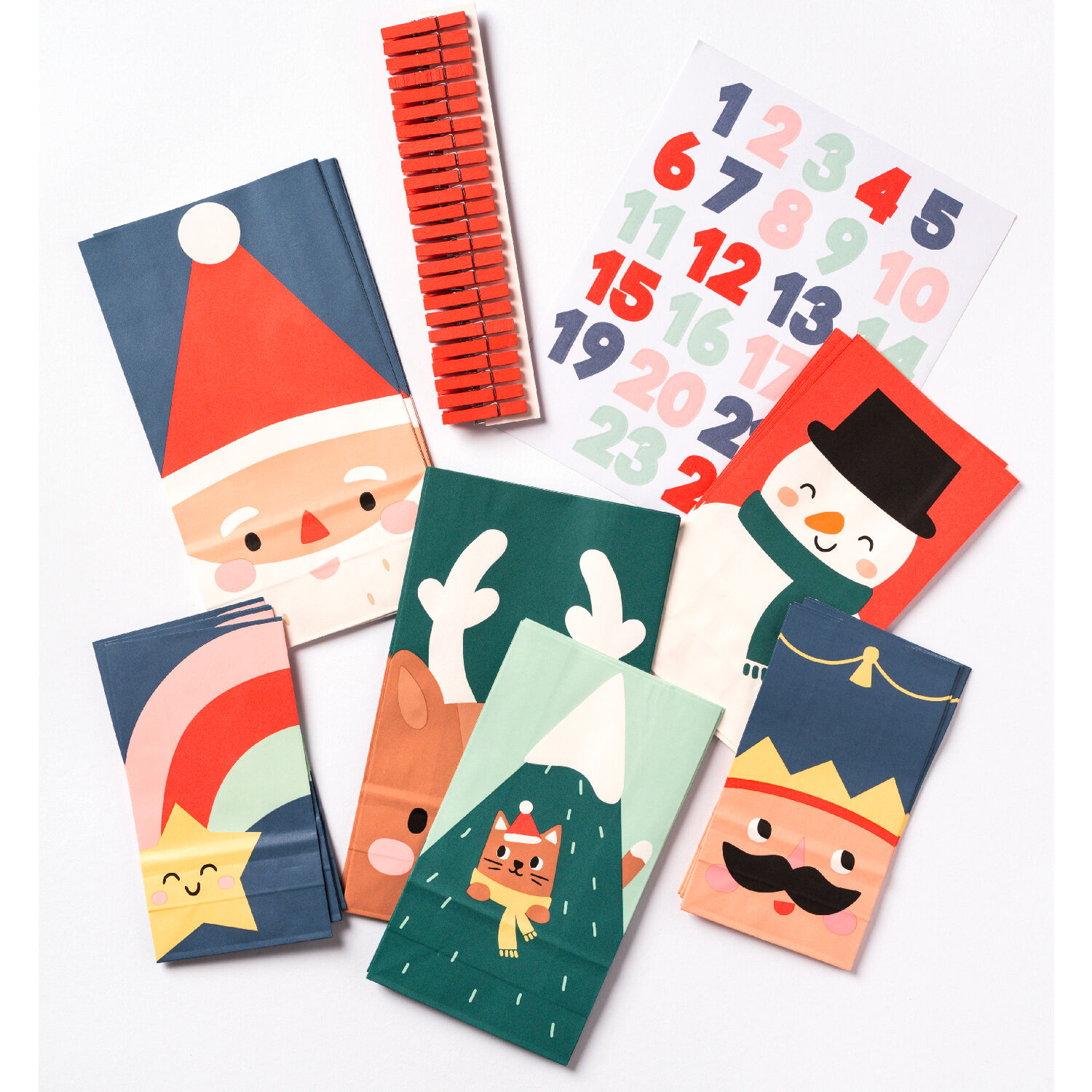 Adventskalender Santa & Friends, 72 Teile inkl. 24 Beutel, Holzklammern & Sticker Bild 3