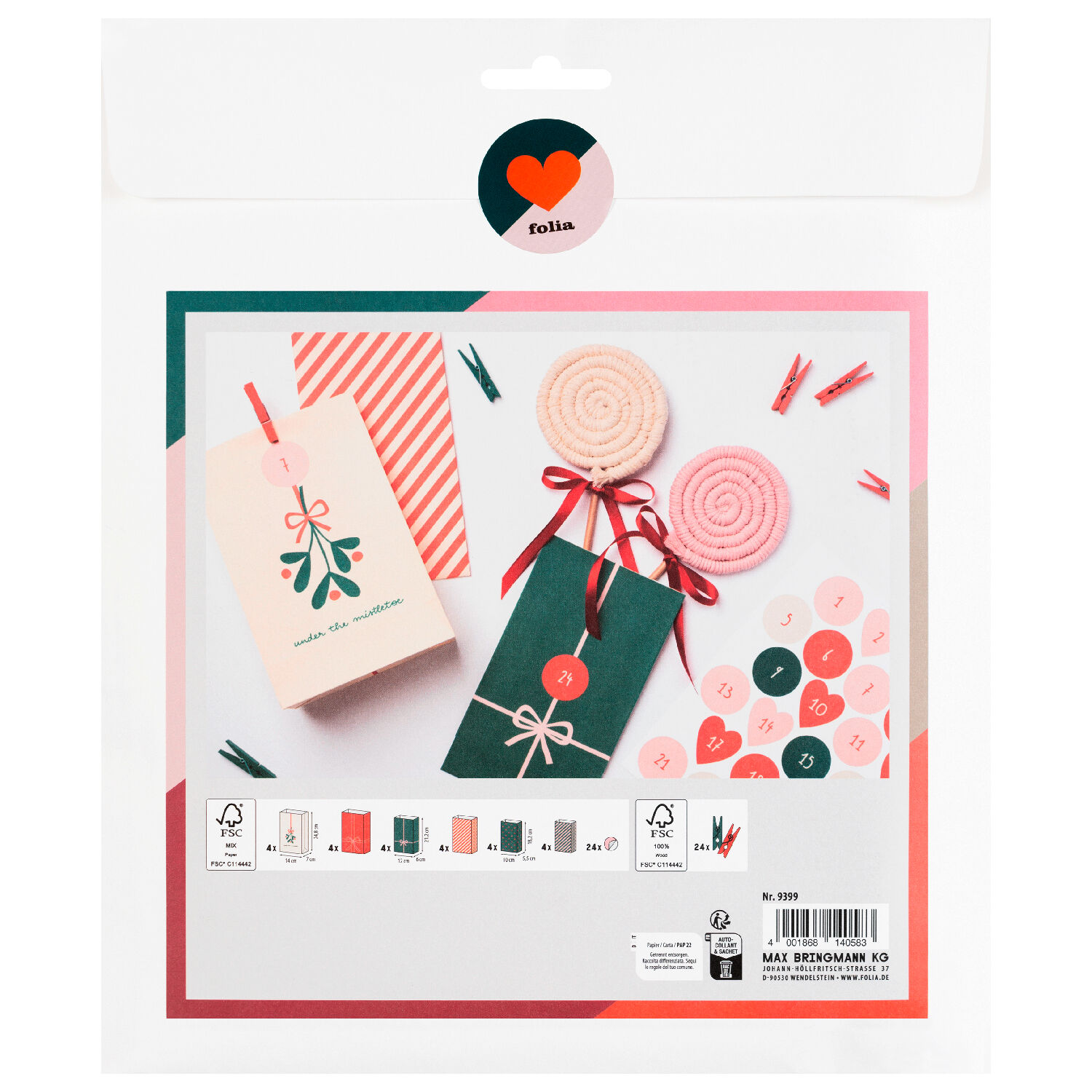 Adventskalender Bowtiful Christmas, 72 Teile inkl. 24 Beutel, Holzklammern & Sticker Bild 2